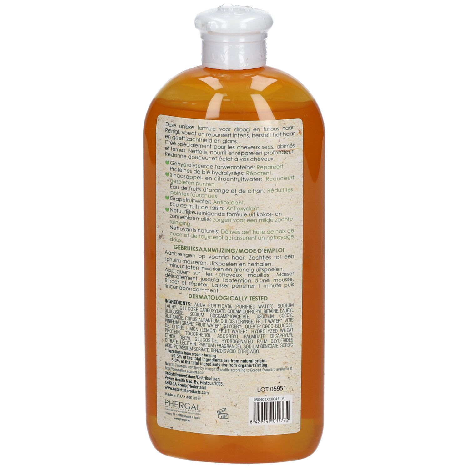 Dos du flacon de shampooing NATURTINT® orange. Étiquette avec ingrédients, utilisation et certifications.