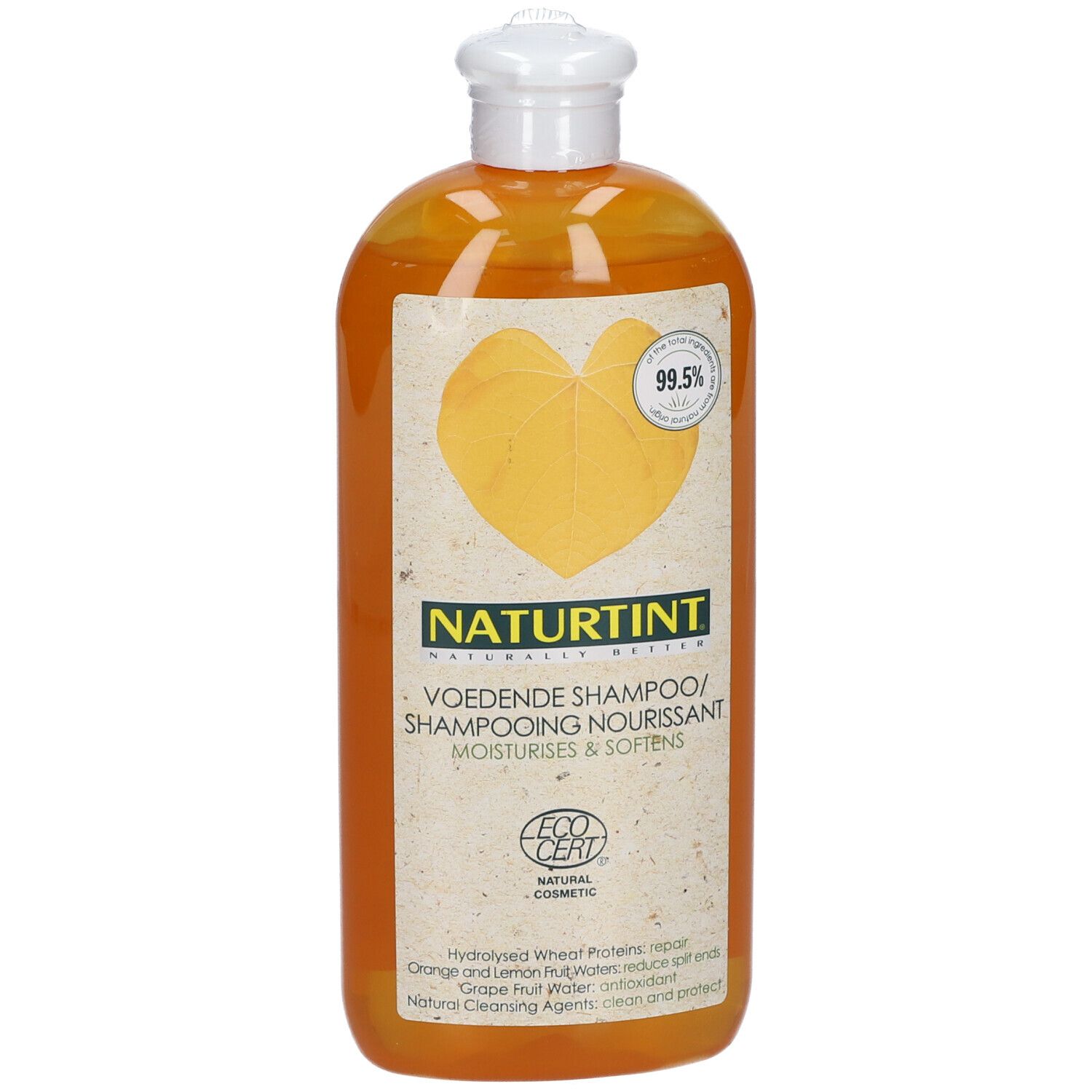 Flacon orange de shampooing NATURTINT®. Bouchon blanc. Étiquette avec logo, ingrédients et label EcoCert.