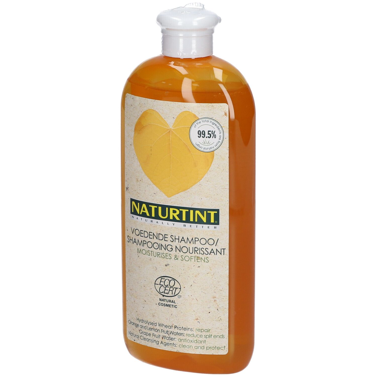 Flacon orange de shampooing NATURTINT®. Bouchon blanc. Étiquette avec logo, ingrédients et label EcoCert.