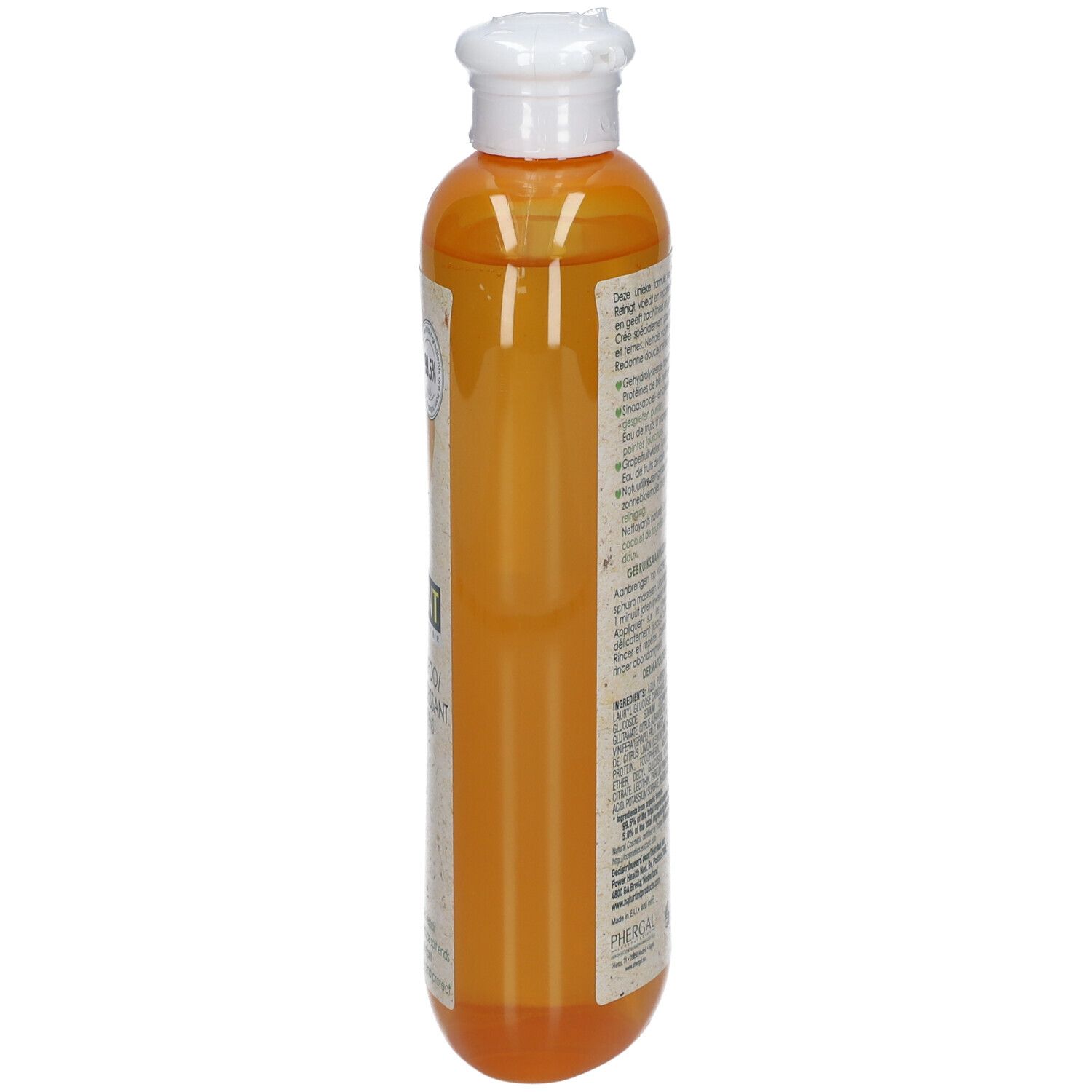 Flacon étroit orange de shampooing NATURTINT®. Bouchon blanc. Étiquette avec texte.