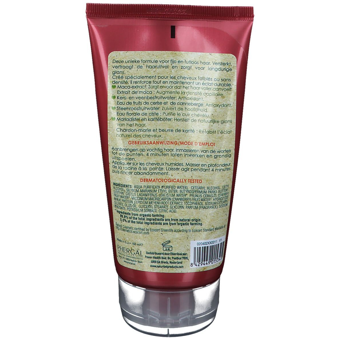 Dos du tube rouge NATURTINT® Fallschutzmaske. Texte multilingue, ingrédients et logo.