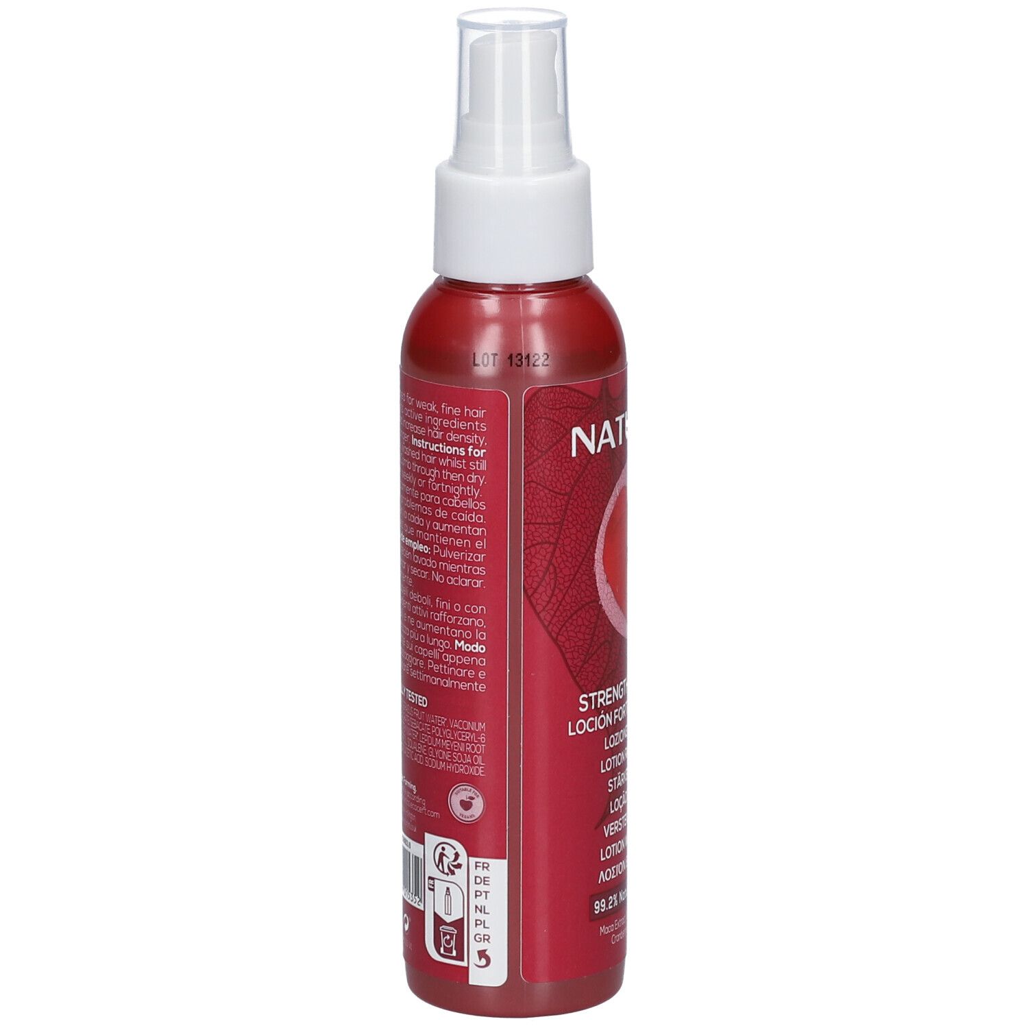 Rote Lotion-Flasche, Rückseite. Text in mehreren Sprachen. Weißer Sprühkopf. Produktbezeichnungen und Logos.