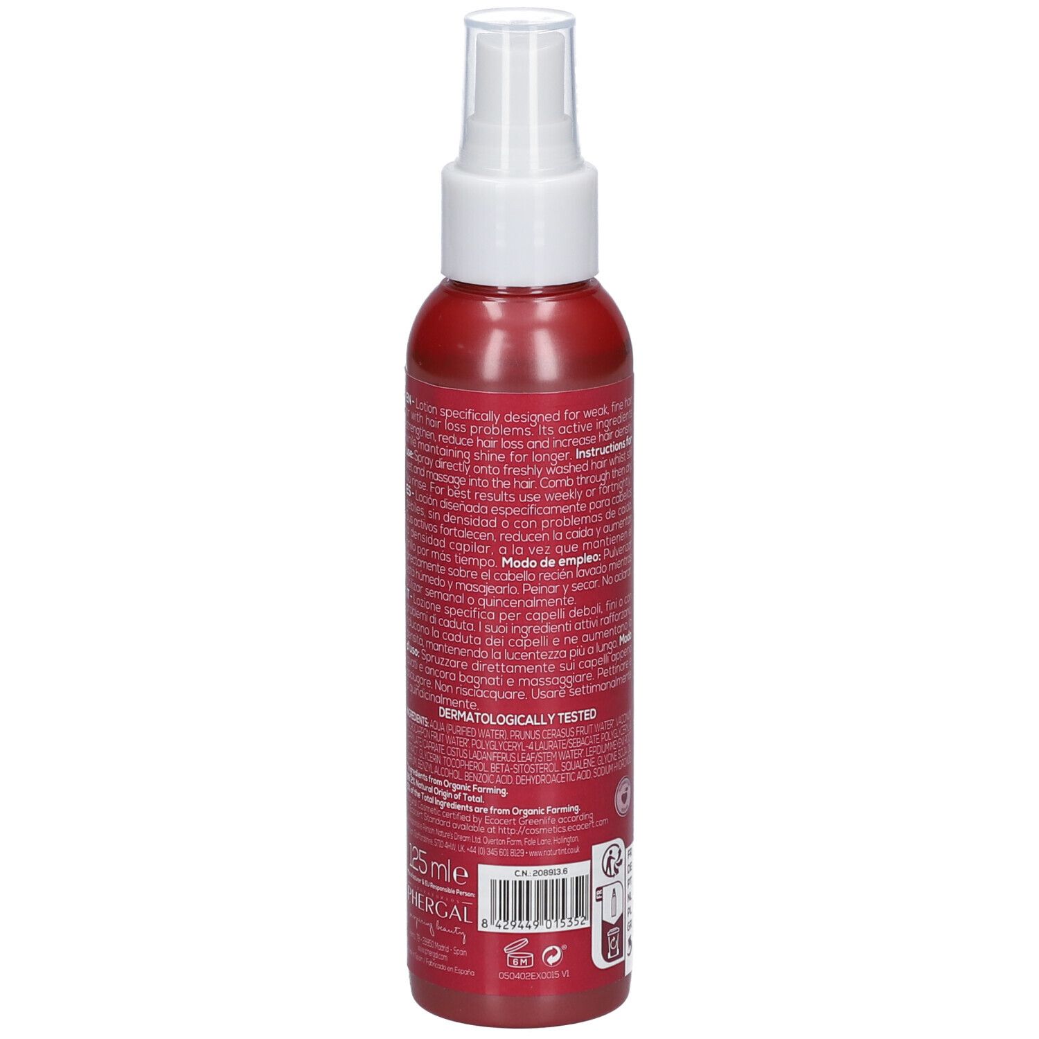 Rote Lotion-Flasche, Rückseite. Text in mehreren Sprachen. Weißer Sprühkopf. Dermatologisch getestet.