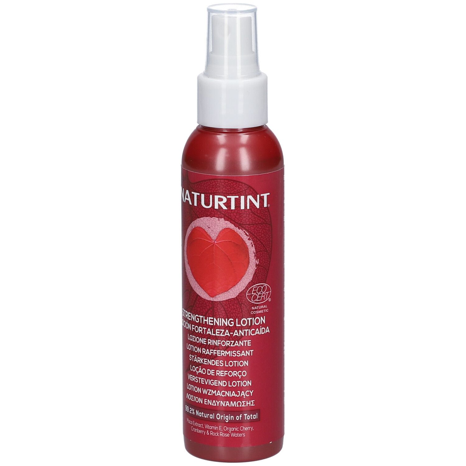 Rote Lotion-Flasche mit weißem Sprühkopf. Aufschrift NATURTINT und Logo. Mehrsprachige Produktbezeichnungen.