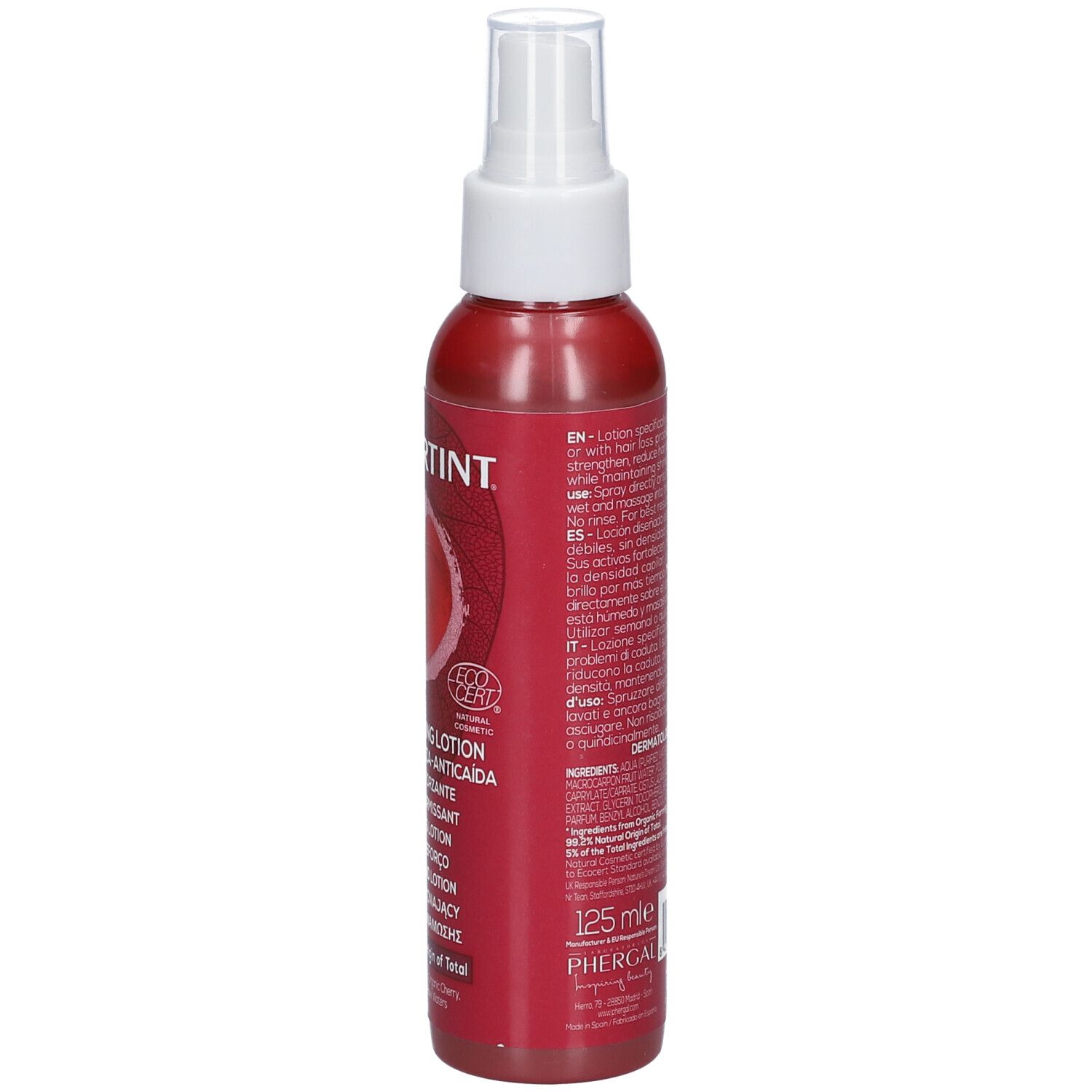 Rote Lotion-Flasche, Rückseite. Text in mehreren Sprachen. Weißer Sprühkopf. 125 ml.