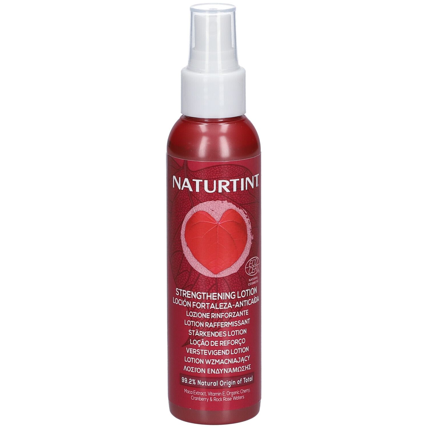 Rote Lotion-Flasche mit weißem Sprühkopf. Aufschrift NATURTINT und Logo. Mehrsprachige Produktbezeichnungen.