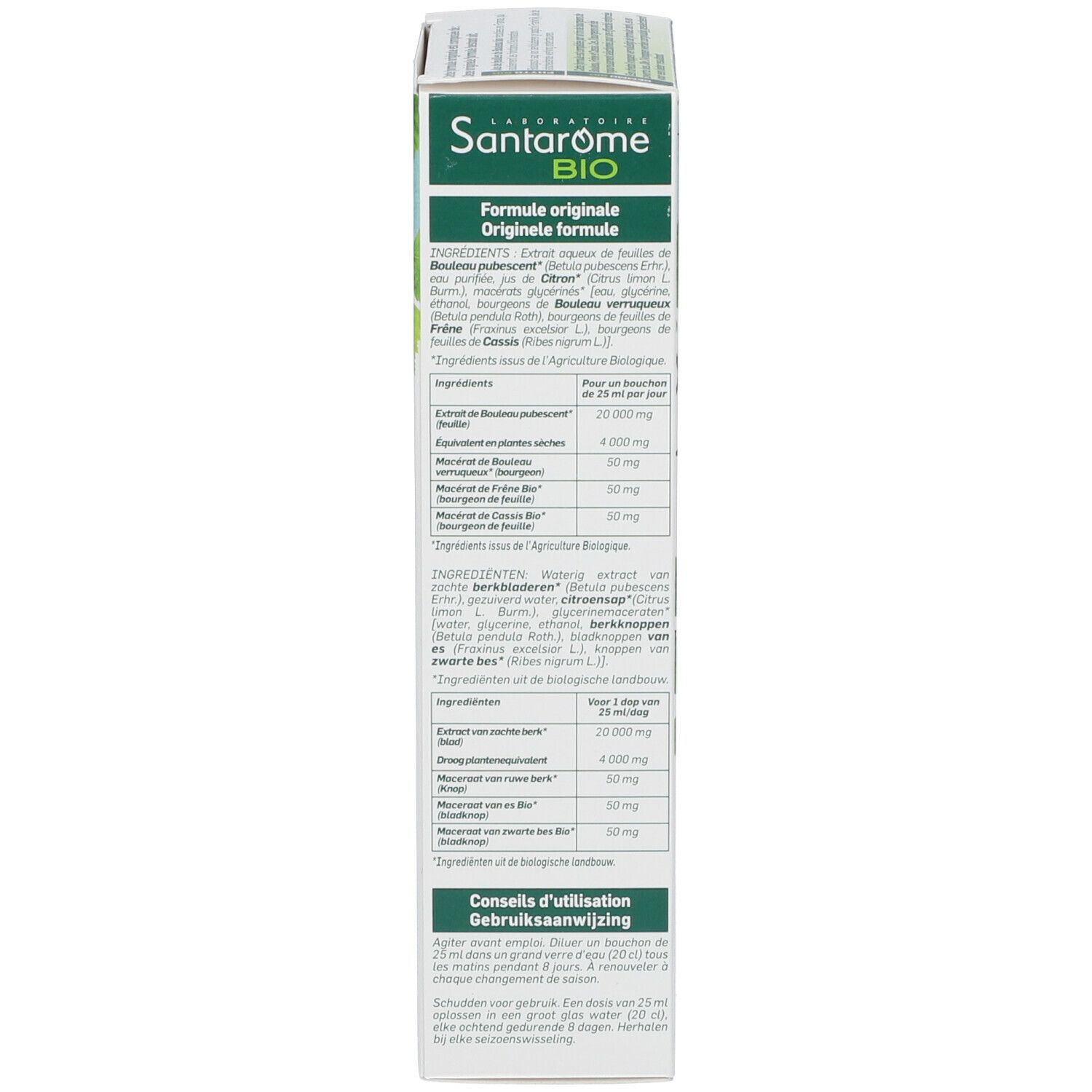 Productverpakking. Bevat informatie over ingrediënten, gebruik en waarschuwingen.