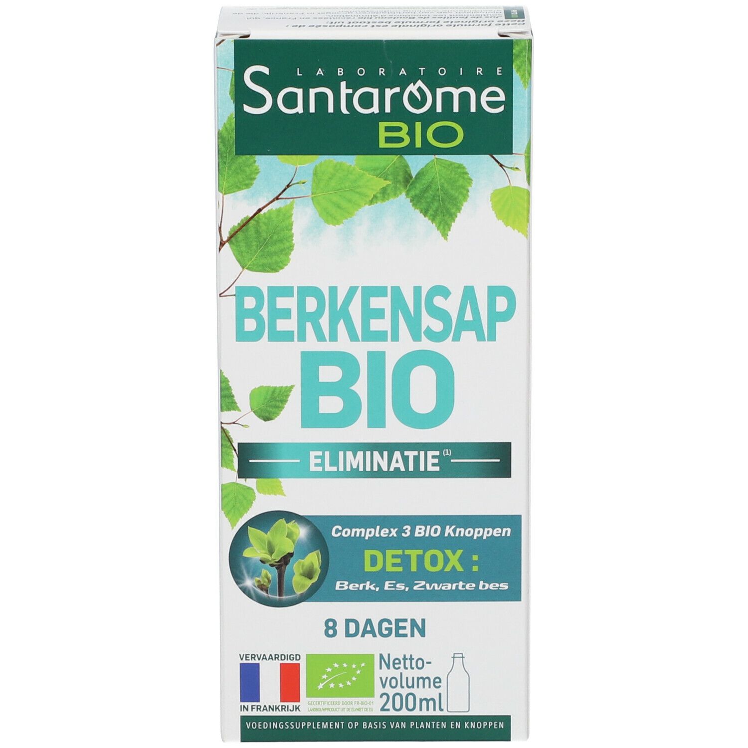 Productverpakking. Toont productnaam, logo, bio-certificeringen en ingrediënten in het Nederlands.