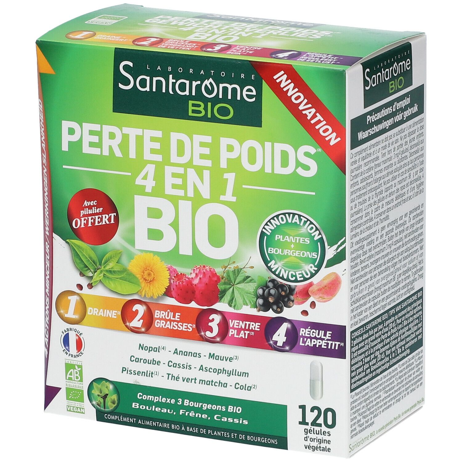 Verpakking van Santarome Bio Perte de Poids 4-en-1. Groen-witte doos met productnaam en illustraties van fruit en planten. 120 capsules.