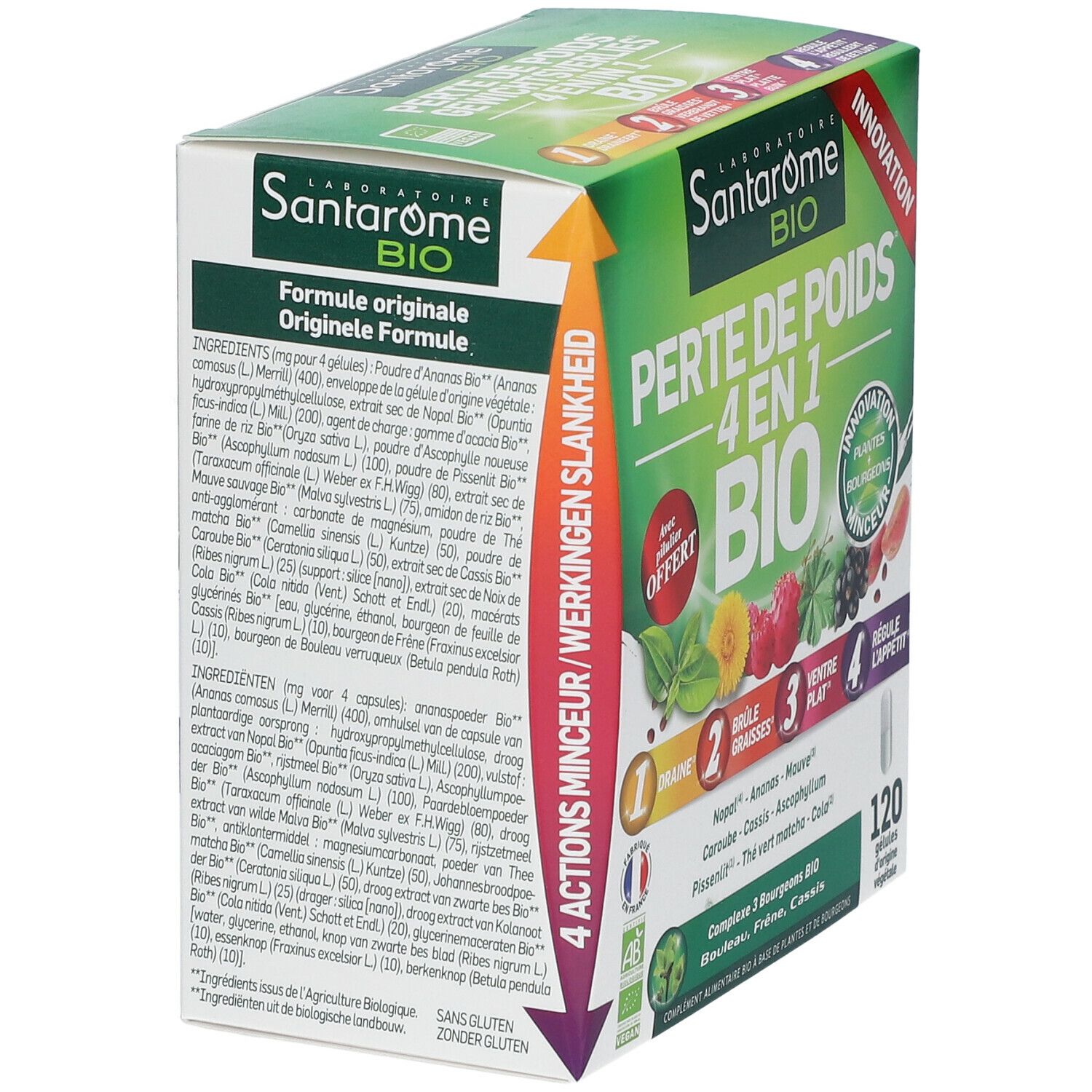 Achterkant van de verpakking van Santarome Bio Perte de Poids 4-en-1. Bevat ingrediëntenlijst en informatie. 120 capsules.