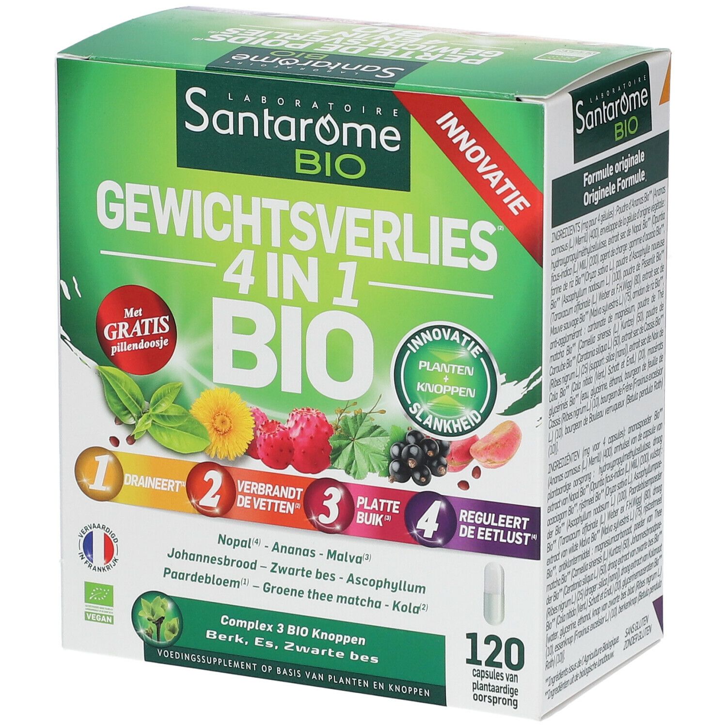 Verpakking van Santarome Bio Gewichtsverlies 4-in-1. Groen-witte doos met productnaam en illustraties van fruit en planten. 120 capsules.