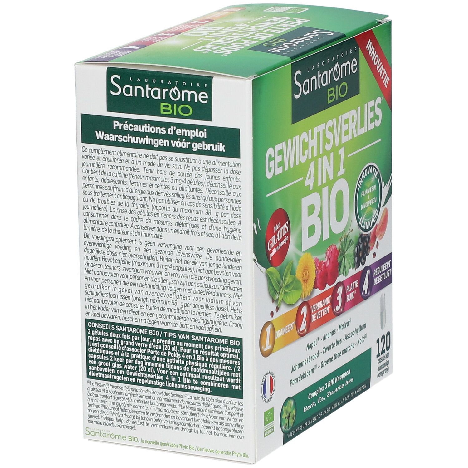 Achterkant van de verpakking van Santarome Bio Gewichtsverlies 4-in-1. Bevat informatie en waarschuwingen. 120 capsules.