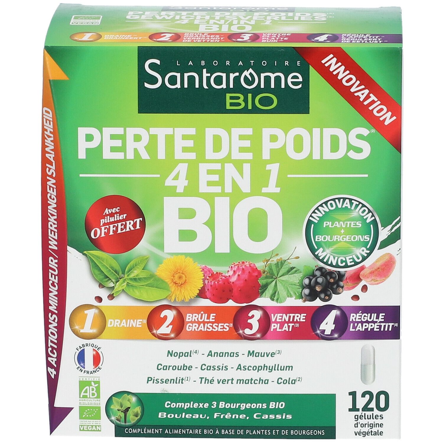 Verpakking van Santarome Bio Perte de Poids 4-en-1. Groen-witte doos met productnaam en illustraties van fruit en planten. 120 capsules.