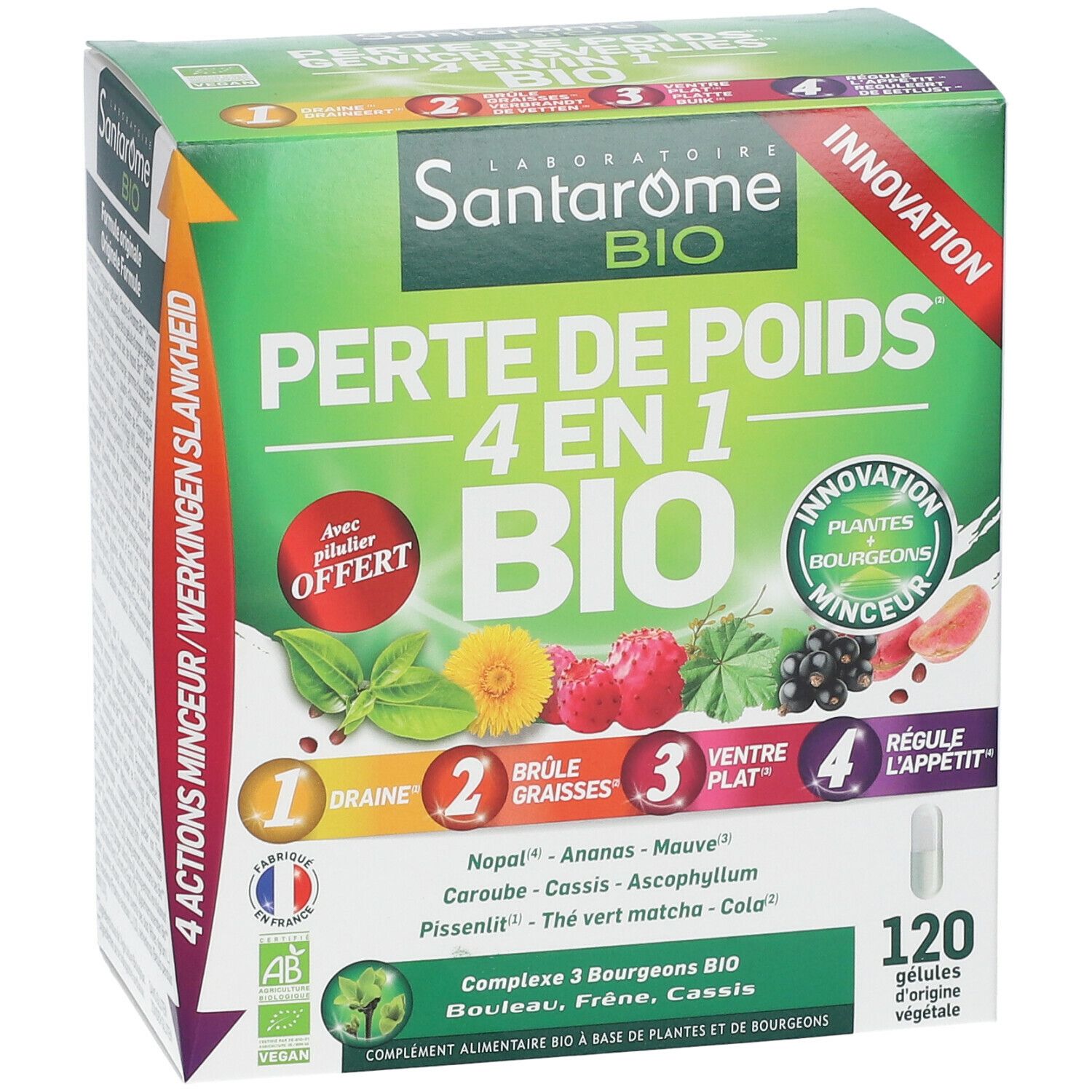 Verpakking van Santarome Bio Perte de Poids 4-en-1. Groen-witte doos met productnaam en illustraties van fruit en planten. 120 capsules.