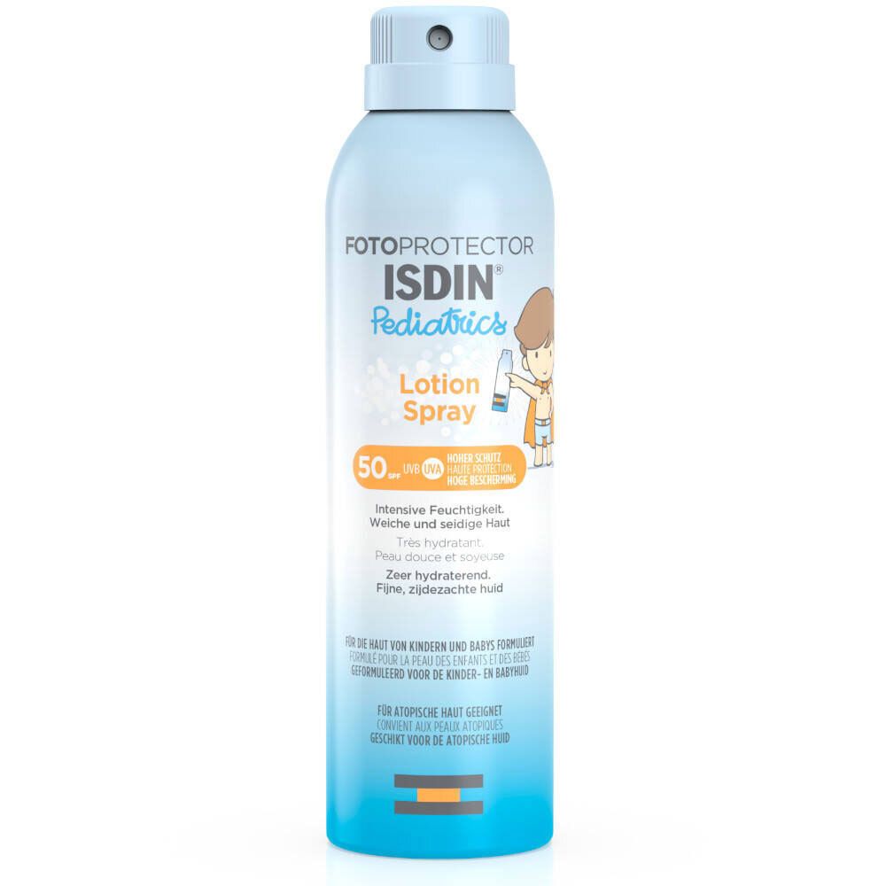 Blau-weiße Sprayflasche. Aufschrift: FOTOPROTECTOR ISDIN Pediatrics Lotion Spray LSF 50. Kind-Illustration.