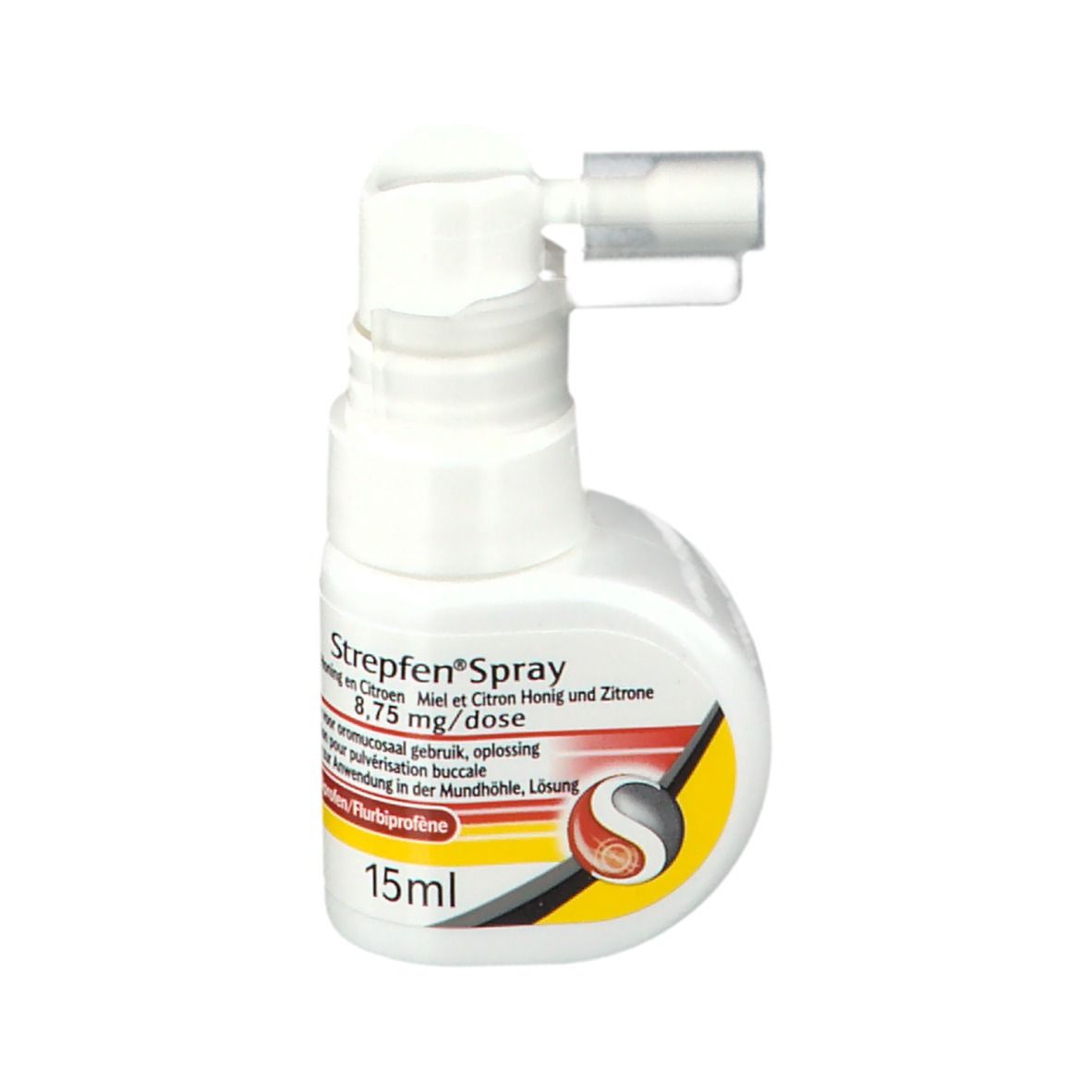 Flacon blanc avec pulvérisateur. Inscription Strepfen Spray, 15ml. Contient miel, citron. Avec indication de dosage.