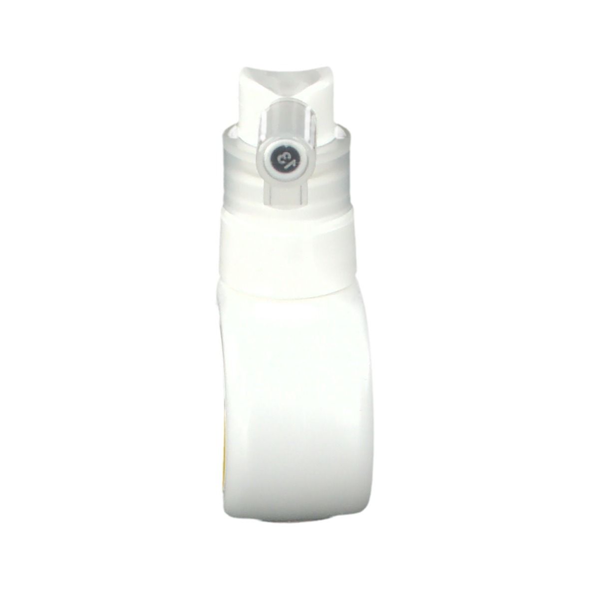 Flacon blanc avec pulvérisateur. Le pulvérisateur est transparent. Le flacon a une forme arrondie.