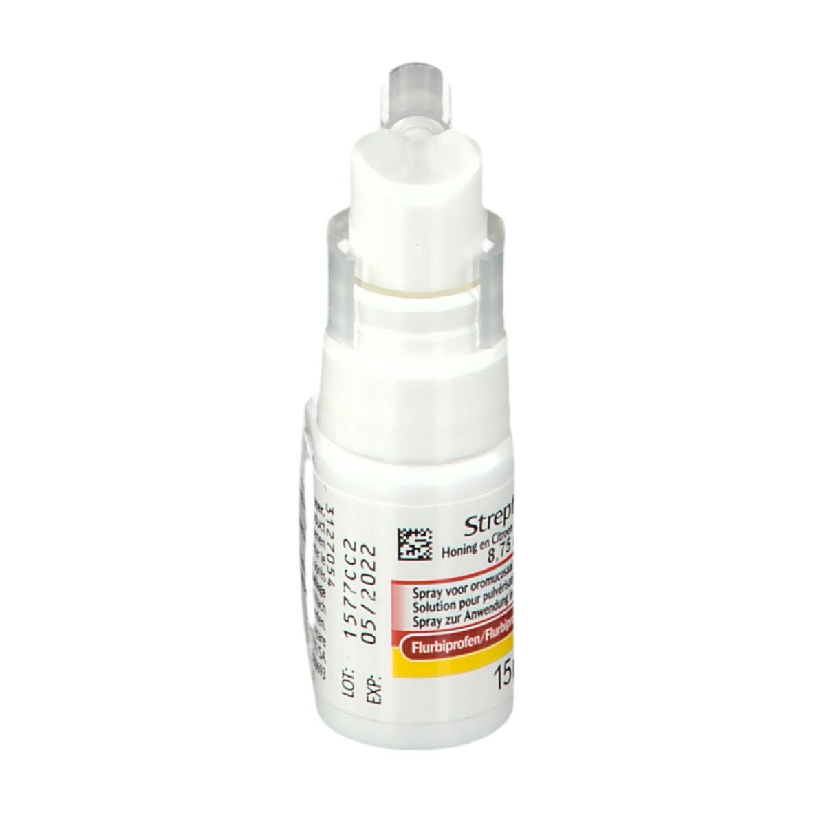 Flacon blanc avec pulvérisateur. Inscriptions et informations au dos. Contient des informations sur l'utilisation.
