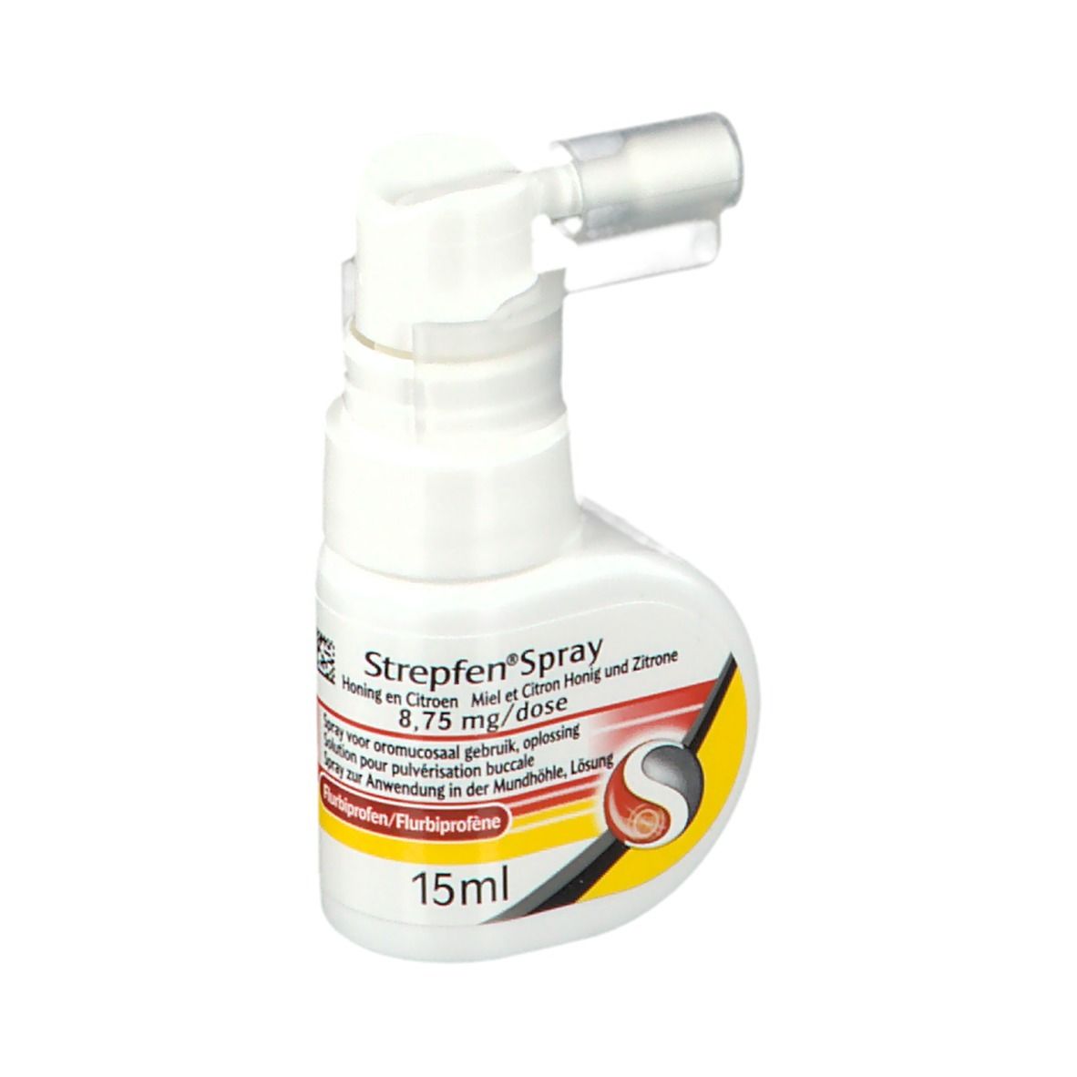 Flacon blanc avec pulvérisateur. Inscription Strepfen Spray, 15ml. Contient miel, citron. Avec indication de dosage.
