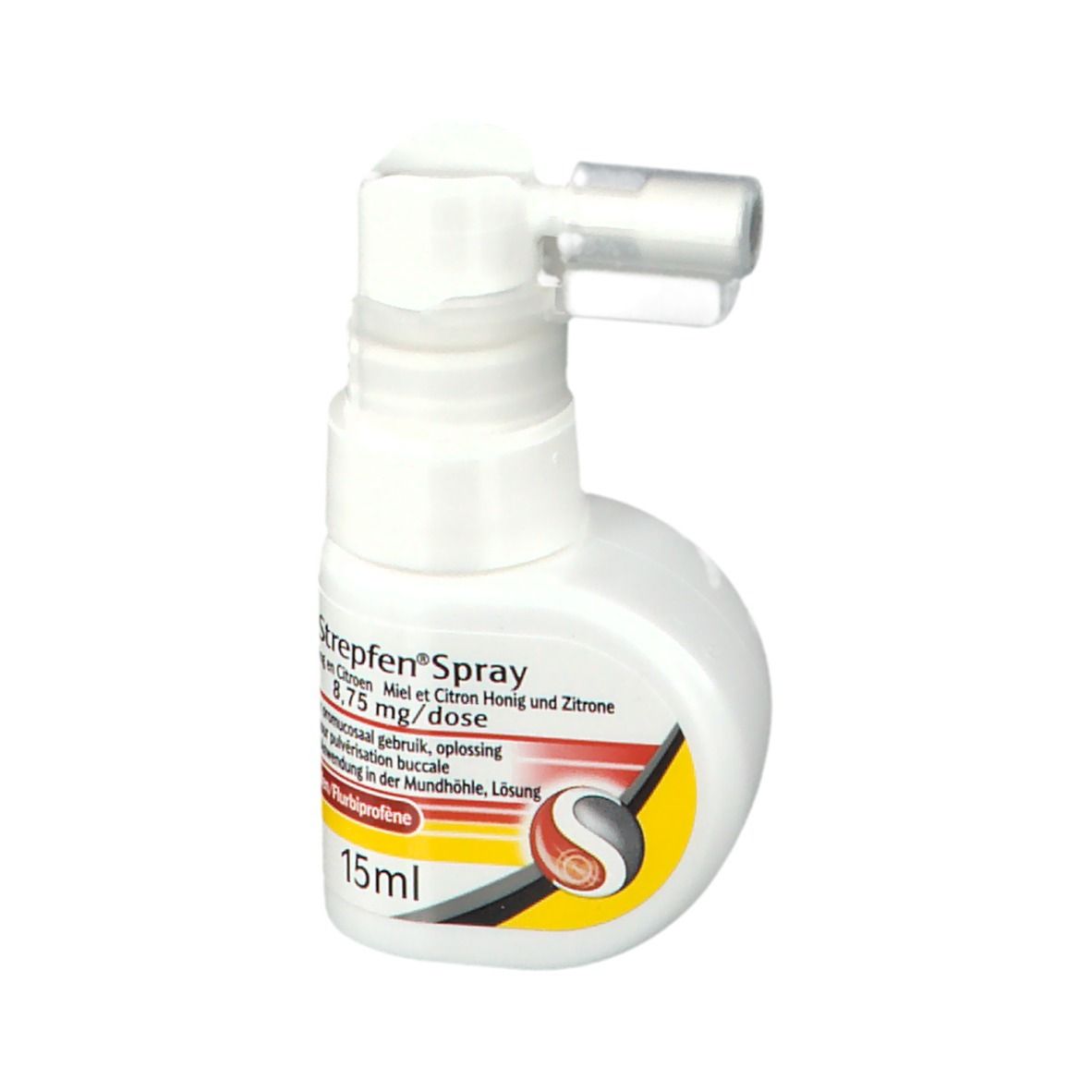 Flacon blanc avec pulvérisateur. Inscription Strepfen Spray, 15ml. Contient miel, citron. Avec indication de dosage.