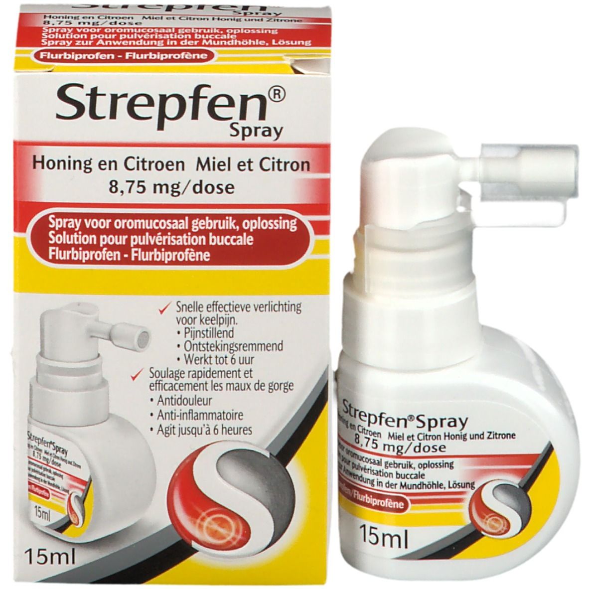 Emballage et flacon du produit. Inscription Strepfen Spray, 15ml. Contient miel, citron. Avec indication de dosage.