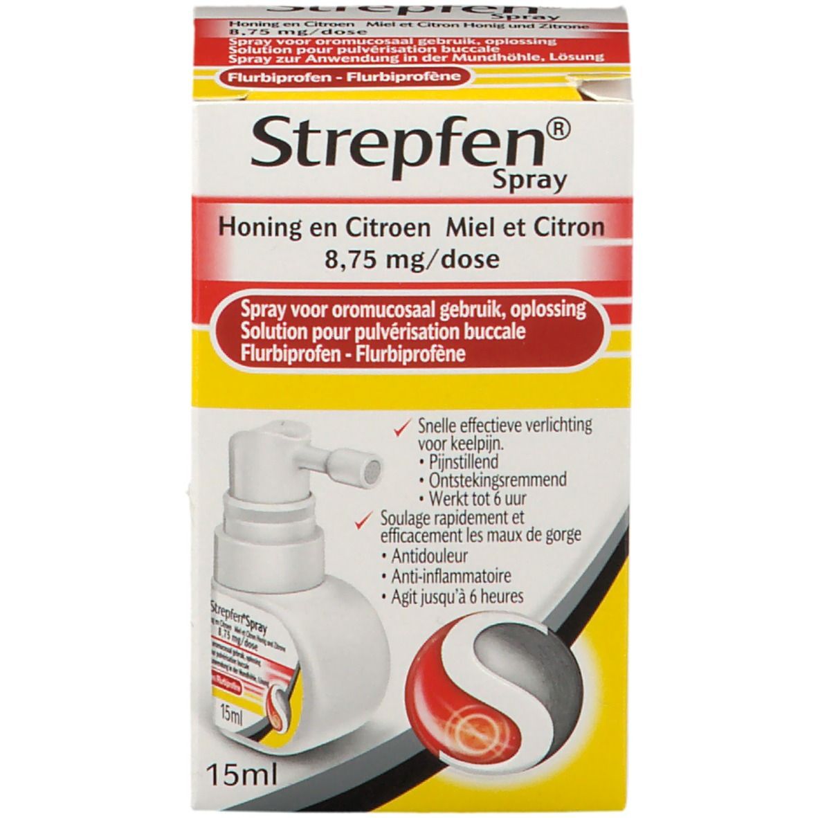 Emballage et flacon du produit. Inscription Strepfen Spray, 15ml. Contient miel, citron. Avec indication de dosage.
