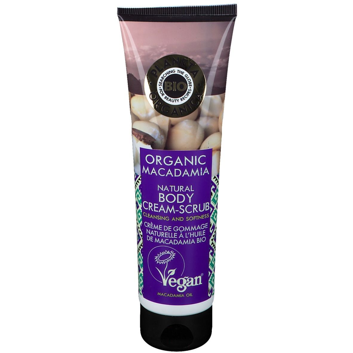 Tube lichaamsscrub met bio-macadamia. Paars-witte verpakking met productnaam en Vegan-label.