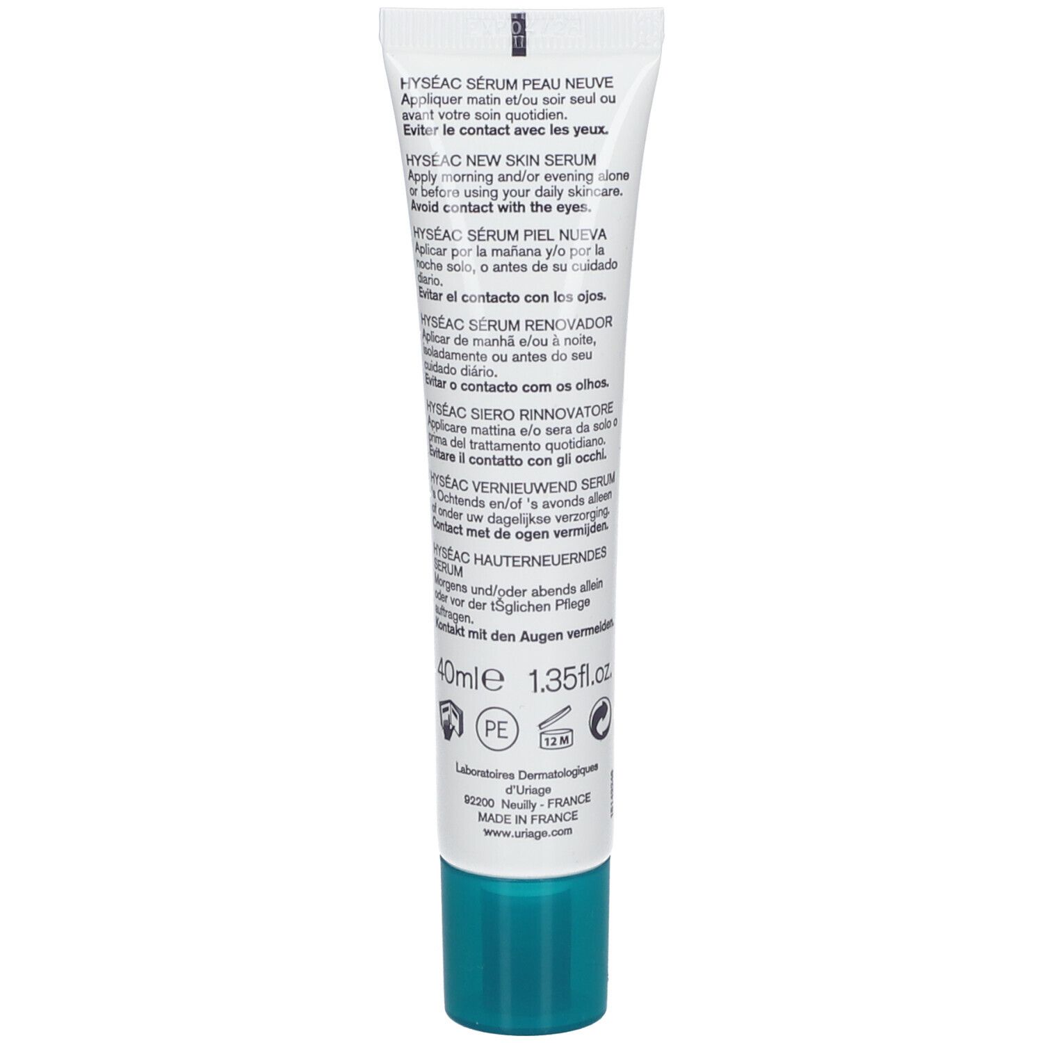 Rückseite der Uriage Hyséac New Skin Serum Tube. Text in mehreren Sprachen. Volumen: 40ml.