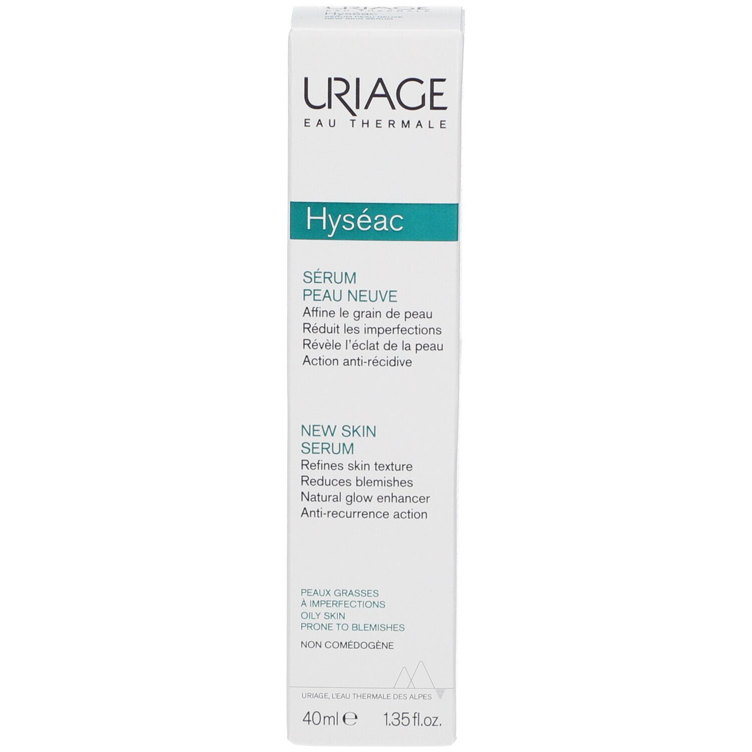 Uriage Hyséac New Skin Serum Verpackung. Weiß, mit grünen und blauen Akzenten. Text: Uriage, Hyséac, Serum Peau Neuve.