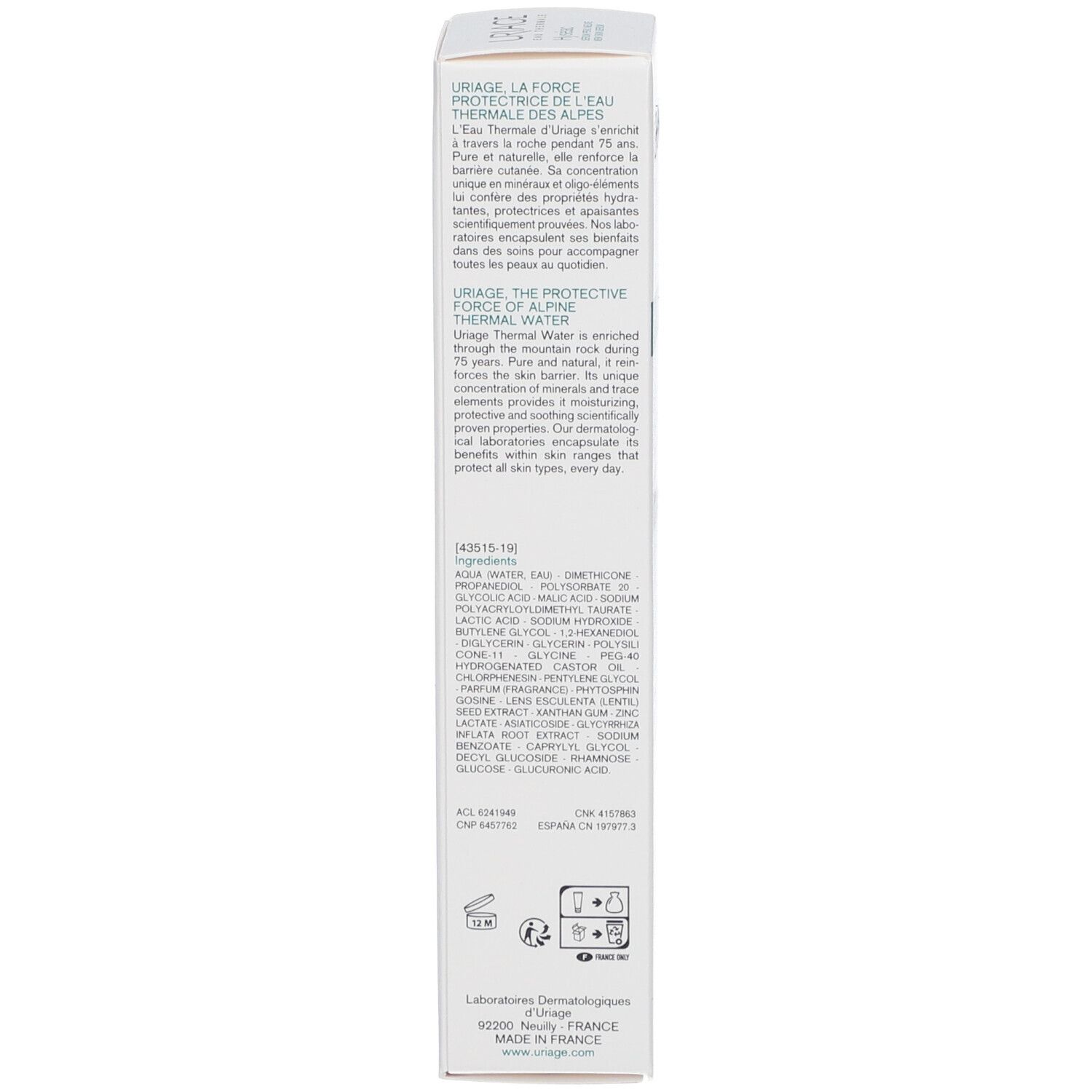 Uriage Hyséac New Skin Serum Verpackung. Linke Seite. Text über Uriage Thermalwasser.