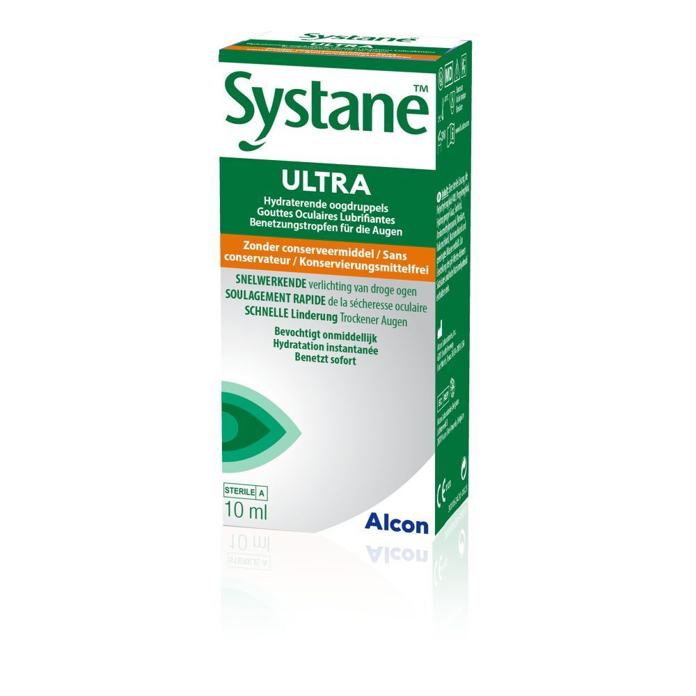 Vooraanzicht van het doosje Systane Ultra oogdruppels. Groen-wit design. Tekst: Ultra, 10 ml, zonder bewaarmiddel. Alcon logo.