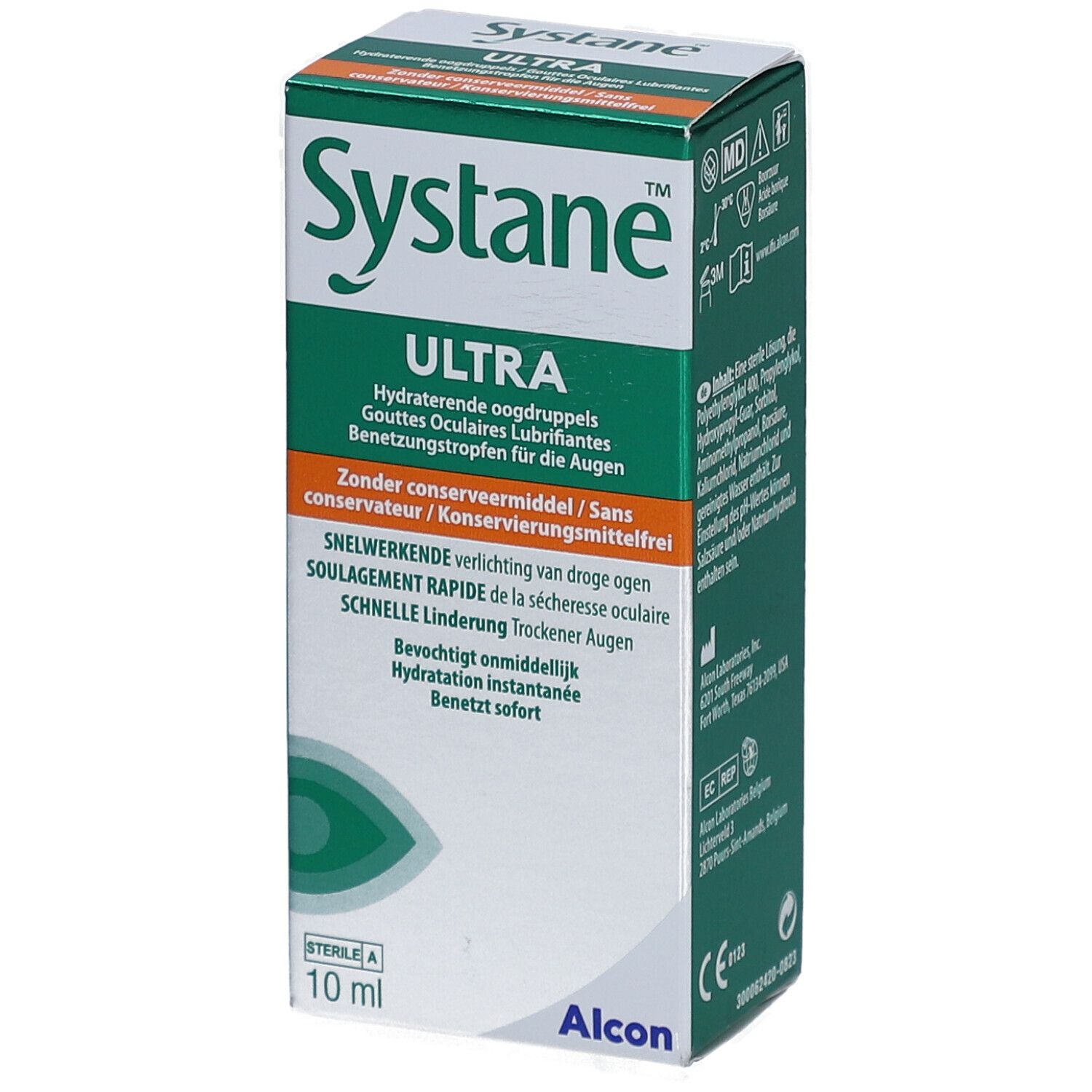 Doosje Systane Ultra oogdruppels. Groen-wit design. Tekst: Ultra, 10 ml, zonder bewaarmiddel. Alcon logo.