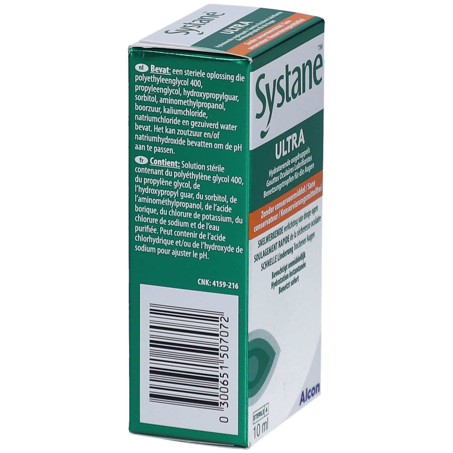 Zijaanzicht van het doosje Systane Ultra oogdruppels. Bevat ingrediënten. Barcode en Alcon logo. Groen-wit design.
