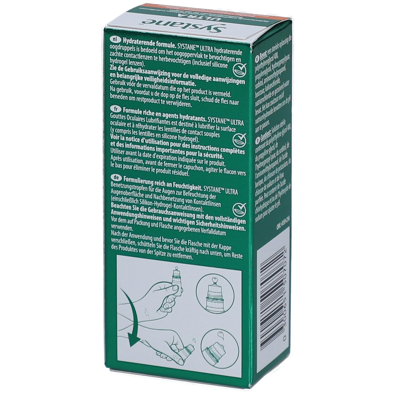 Achterkant van het doosje Systane Ultra oogdruppels. Gebruiksaanwijzing en pictogrammen. Groen-wit design.
