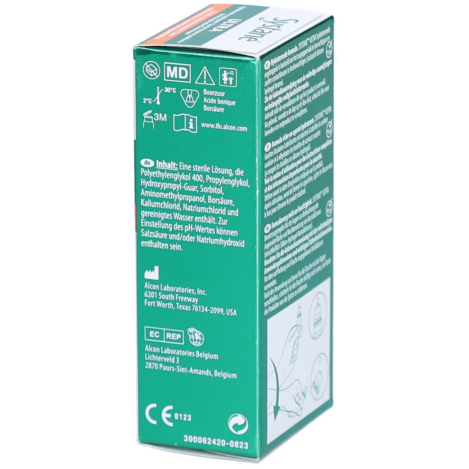 Zijkant van het doosje Systane Ultra oogdruppels. Ingrediënten, fabrikantinfo en pictogrammen. Groen-wit design.