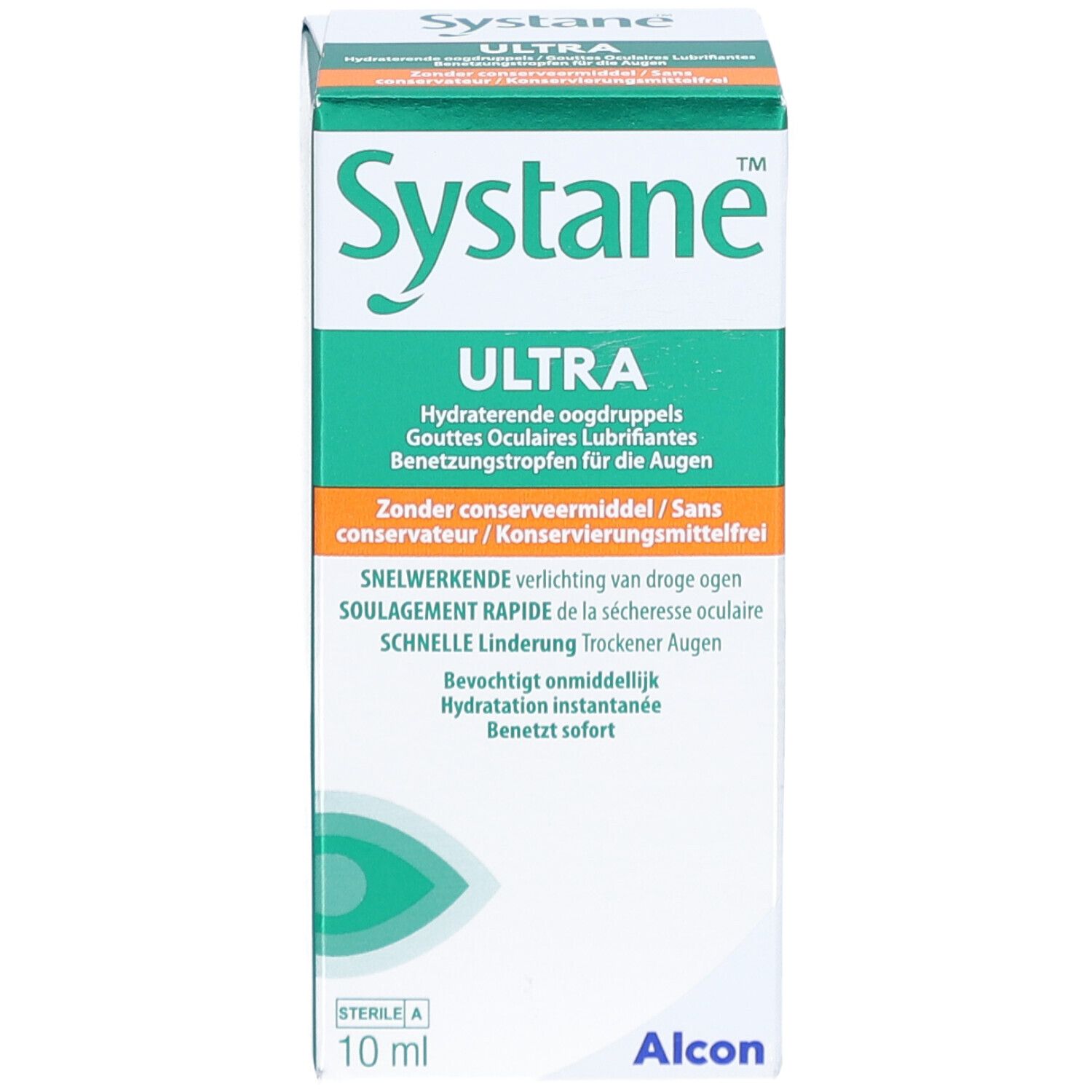 Vooraanzicht van het doosje Systane Ultra oogdruppels. Groen-wit design. Tekst: Ultra, 10 ml, zonder bewaarmiddel. Alcon logo.