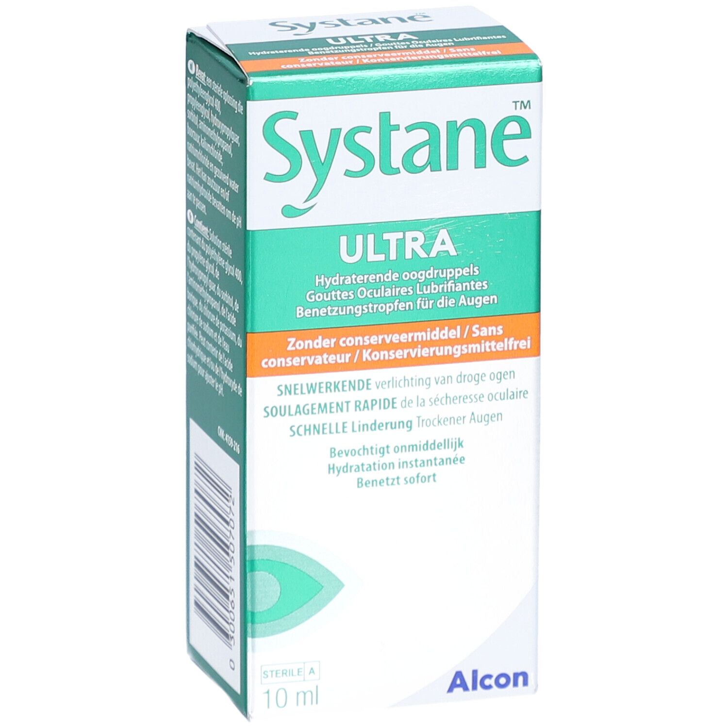 Vooraanzicht van het doosje Systane Ultra oogdruppels. Groen-wit design. Tekst: Ultra, 10 ml, zonder bewaarmiddel. Alcon logo.