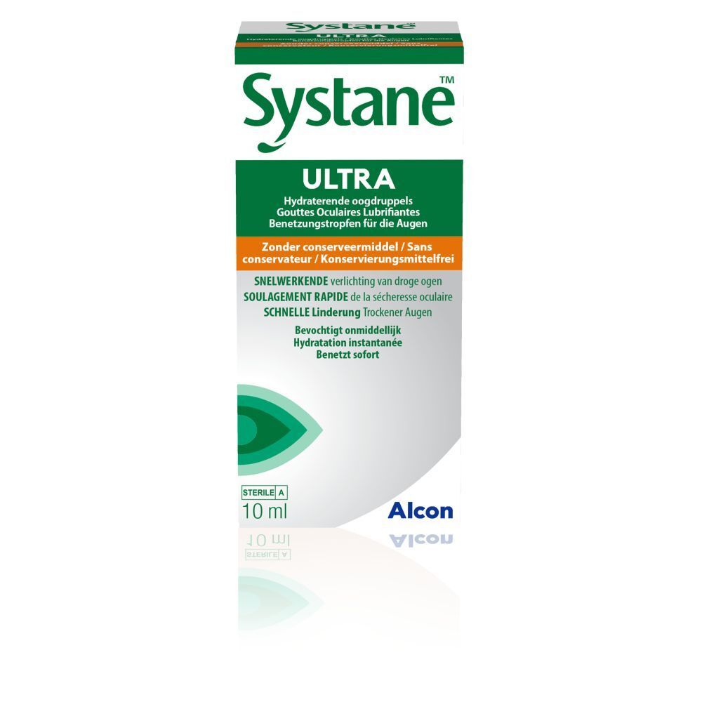 Vooraanzicht van het doosje Systane Ultra oogdruppels. Groen-wit design. Tekst: Ultra, 10 ml, zonder bewaarmiddel. Alcon logo.