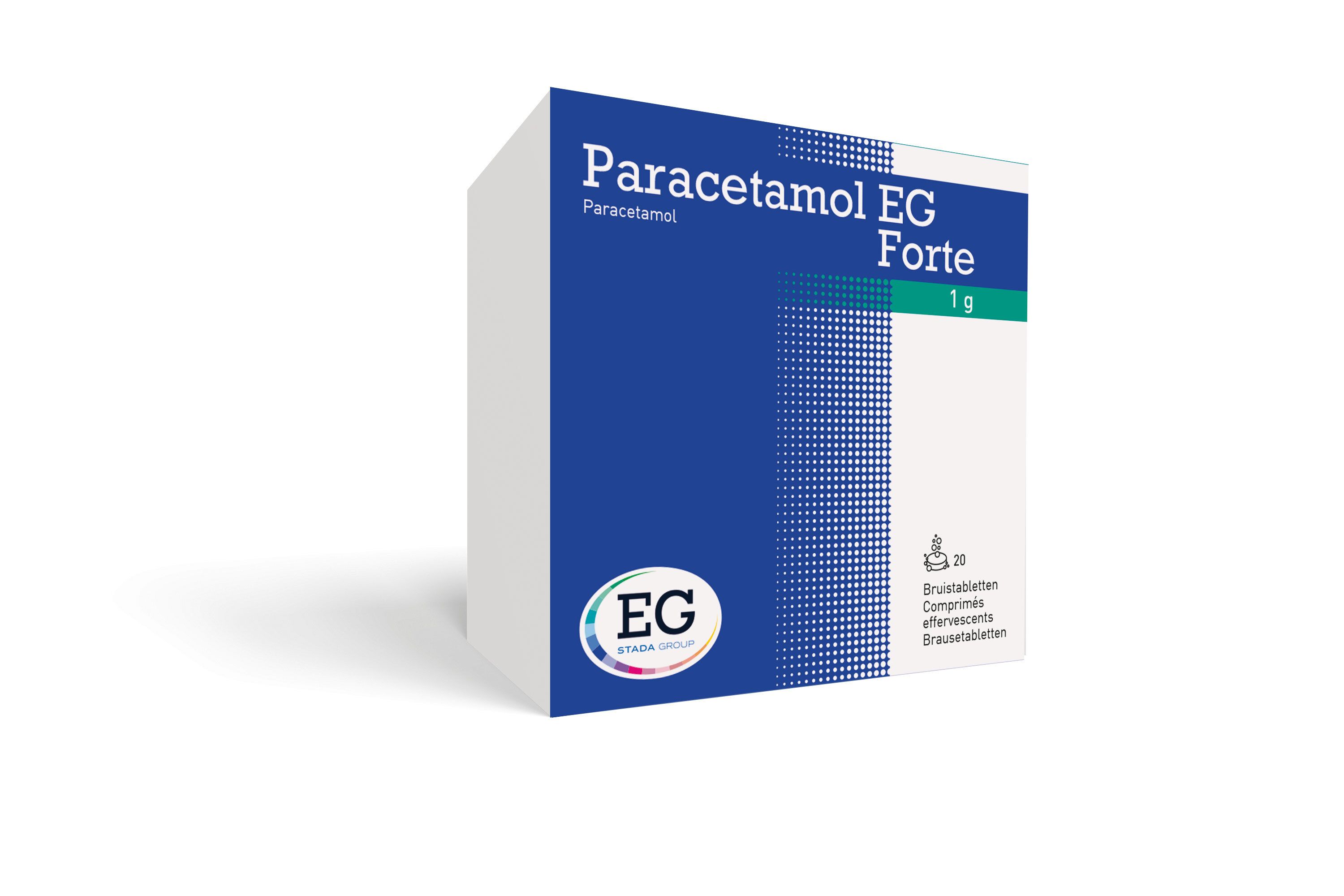 Doos Paracetamol EG Forte 1 g. Blauwe en witte verpakking. EG-logo linksonder. Tekst: Paracetamol EG Forte 1 g.
