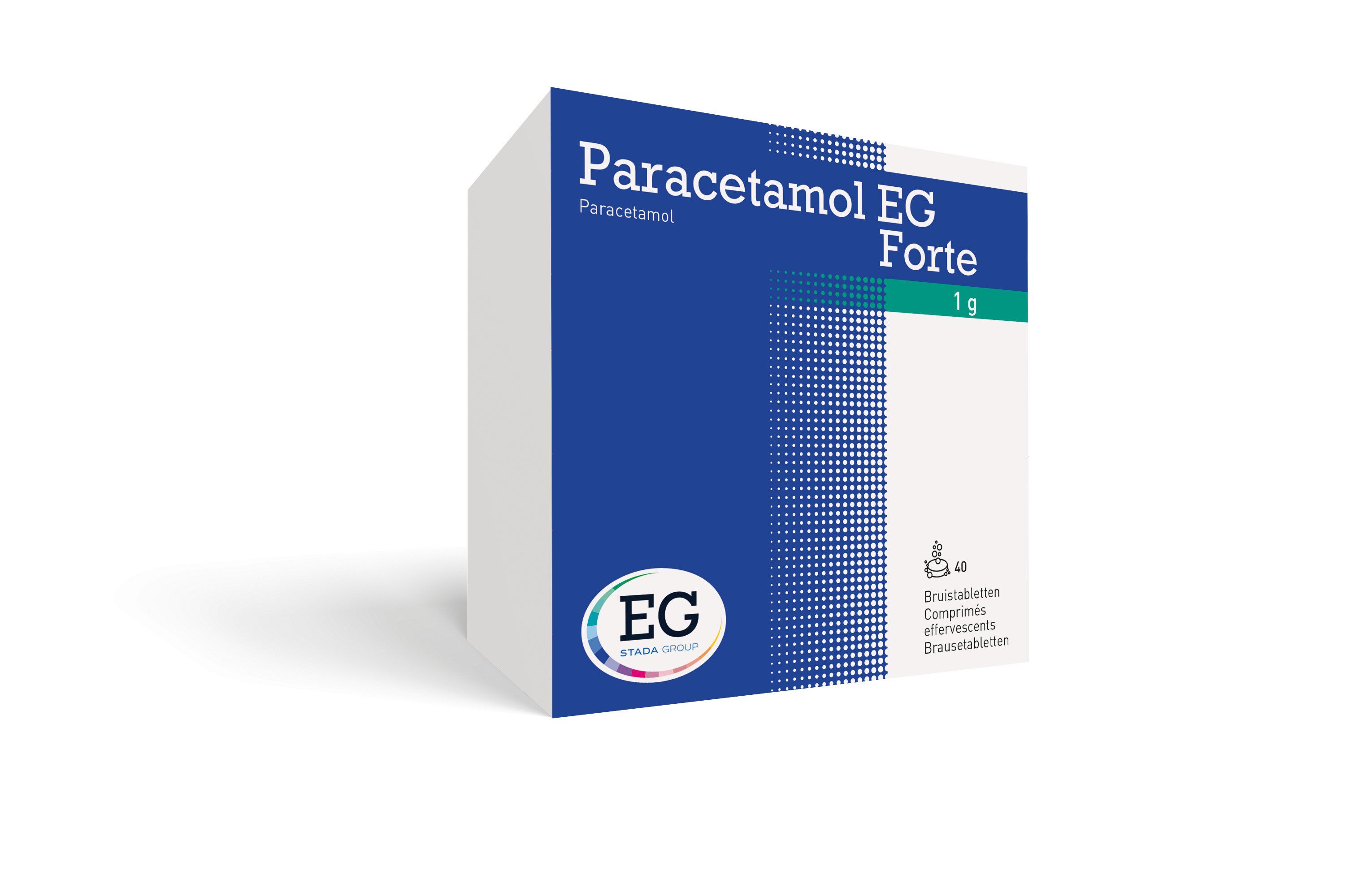 Doosje Paracetamol EG Forte 1 g. Blauw en witte verpakking met logo. Tekst: Paracetamol EG Forte 1 g.