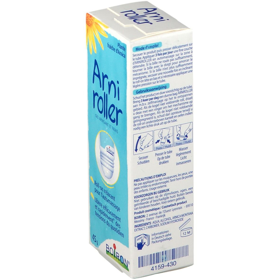 Achterkant van de productverpakking. Tekst: Gebruiksaanwijzing, voorzorgsmaatregelen. Ingrediënten. 12M-symbool.