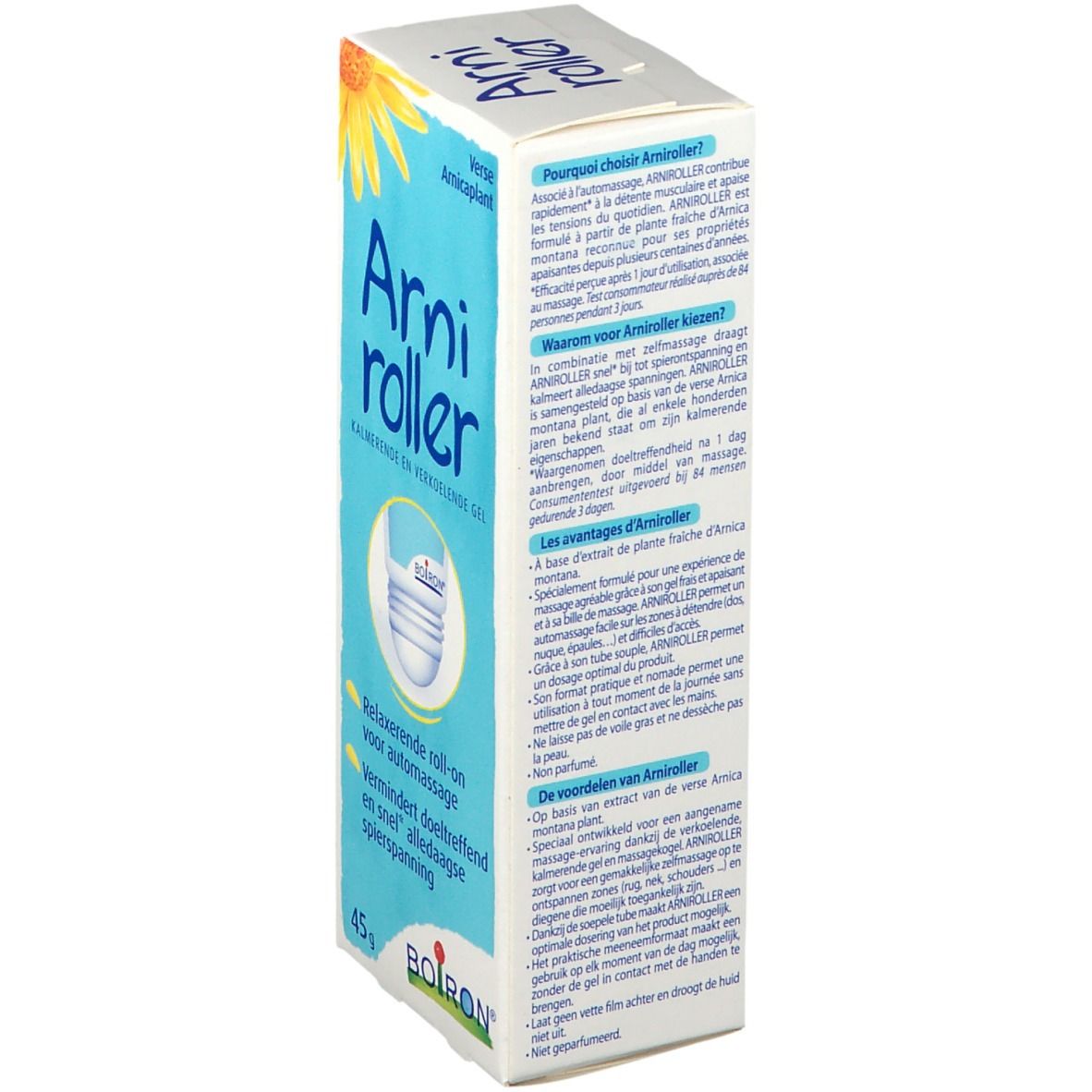 Productdoos met naam en logo. Tekst: Voordelen van Arniroller. 45g. Roll-on voor zelfmassage.