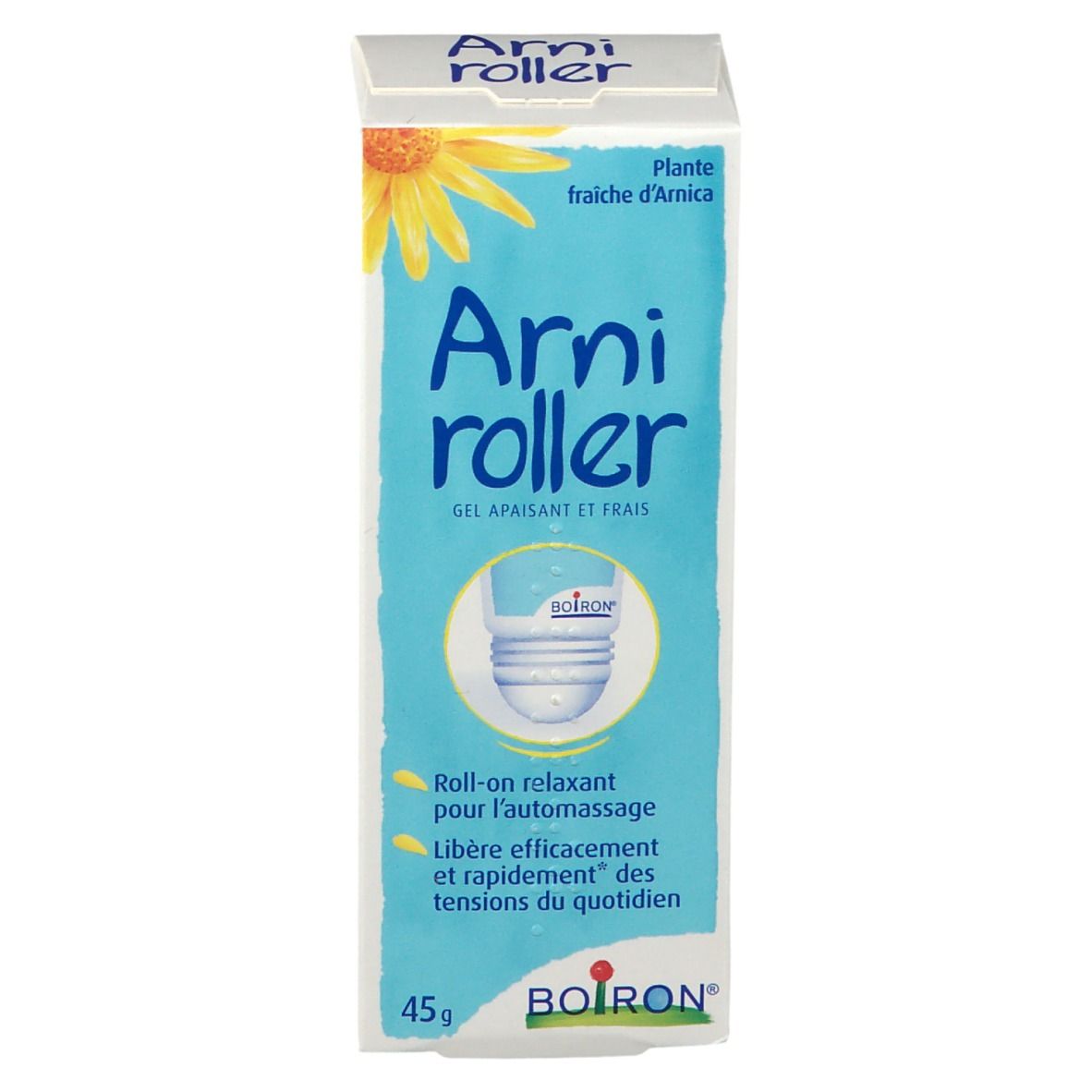 Productdoos met naam en logo. Tekst: Gel apaisant et frais. 45g. Roll-on voor zelfmassage.
