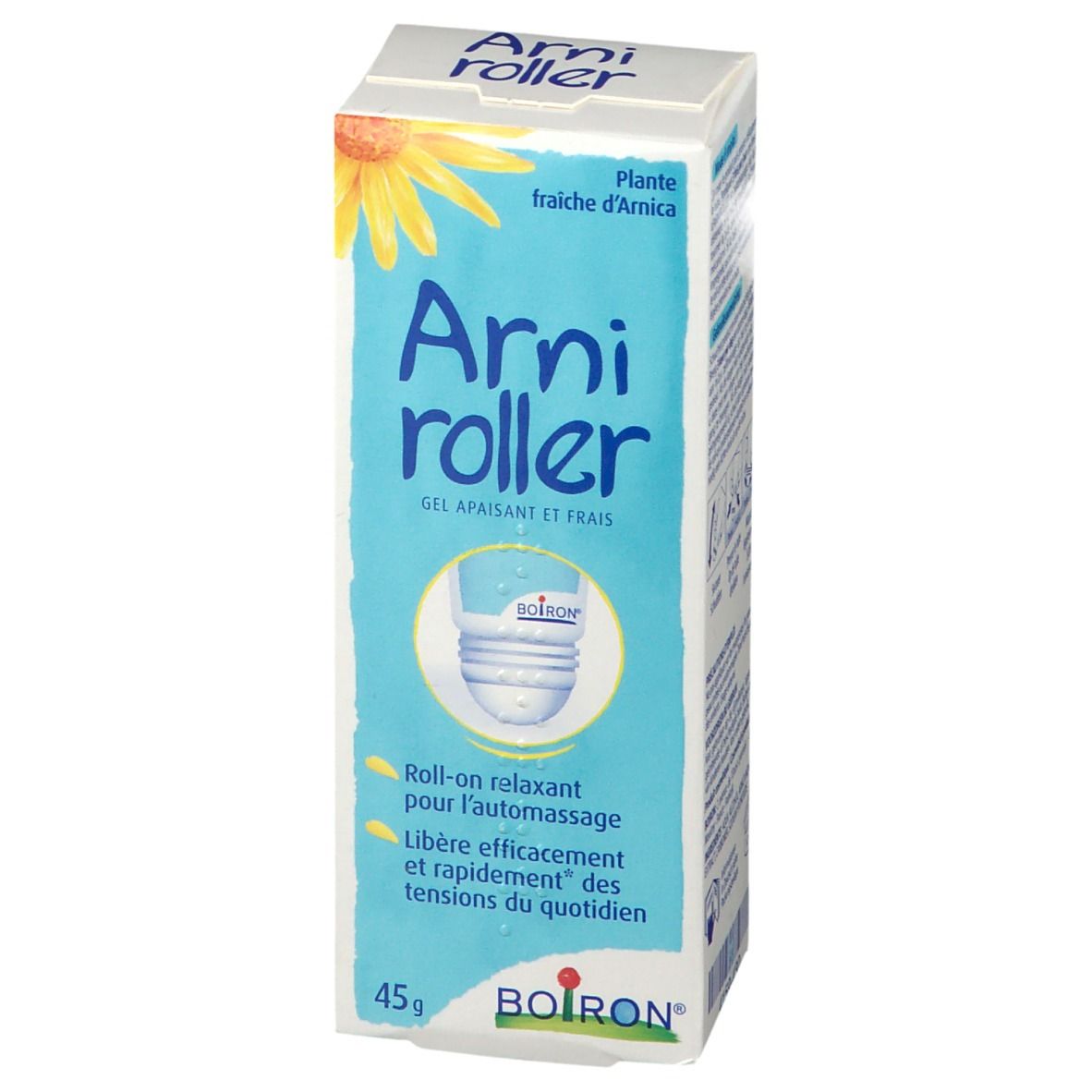 Productdoos met naam en logo. Tekst: Gel apaisant et frais. 45g. Roll-on voor zelfmassage.