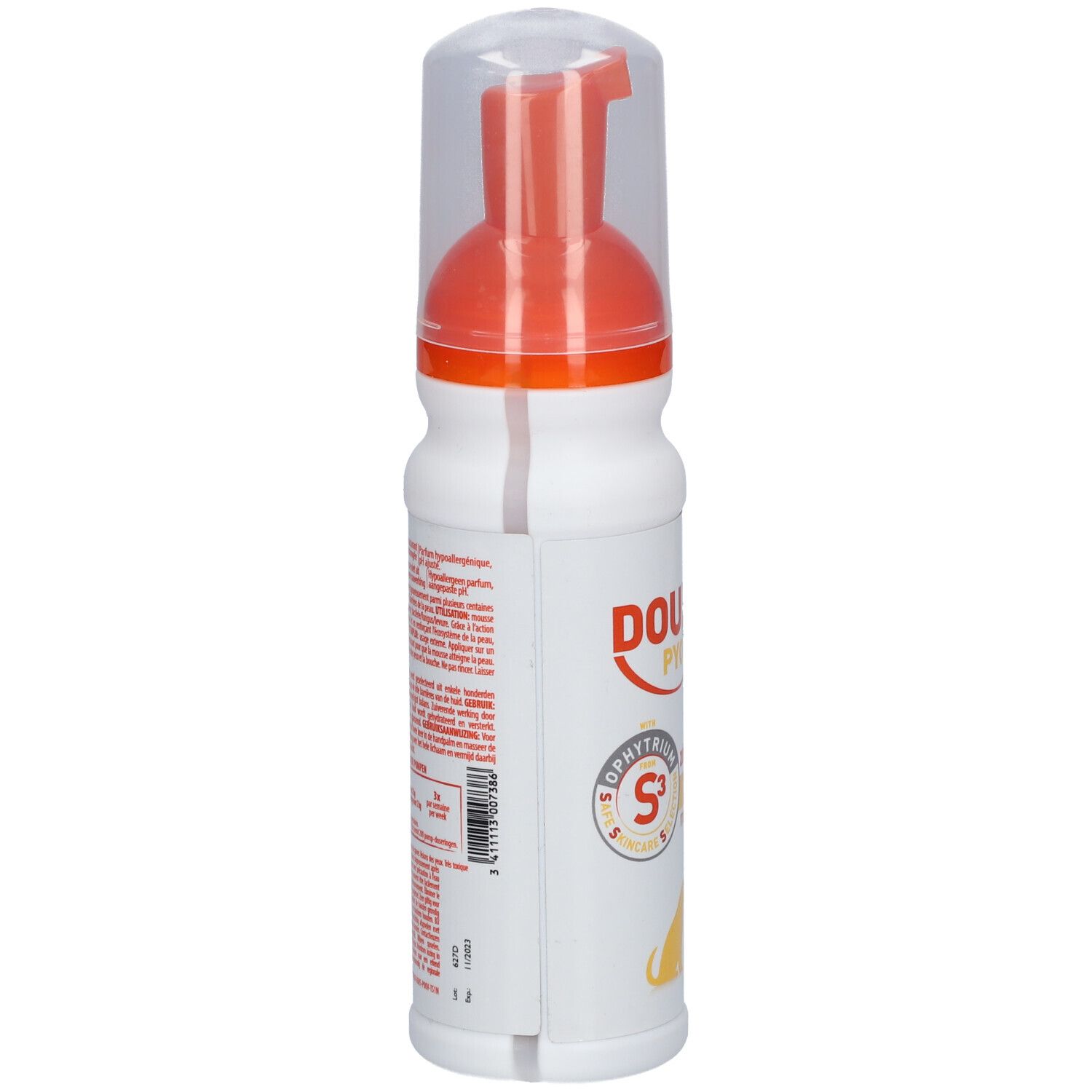 Flacon blanc avec pompe orange. Inscription Douxo S3 Pyo. Bouchon de protection transparent.