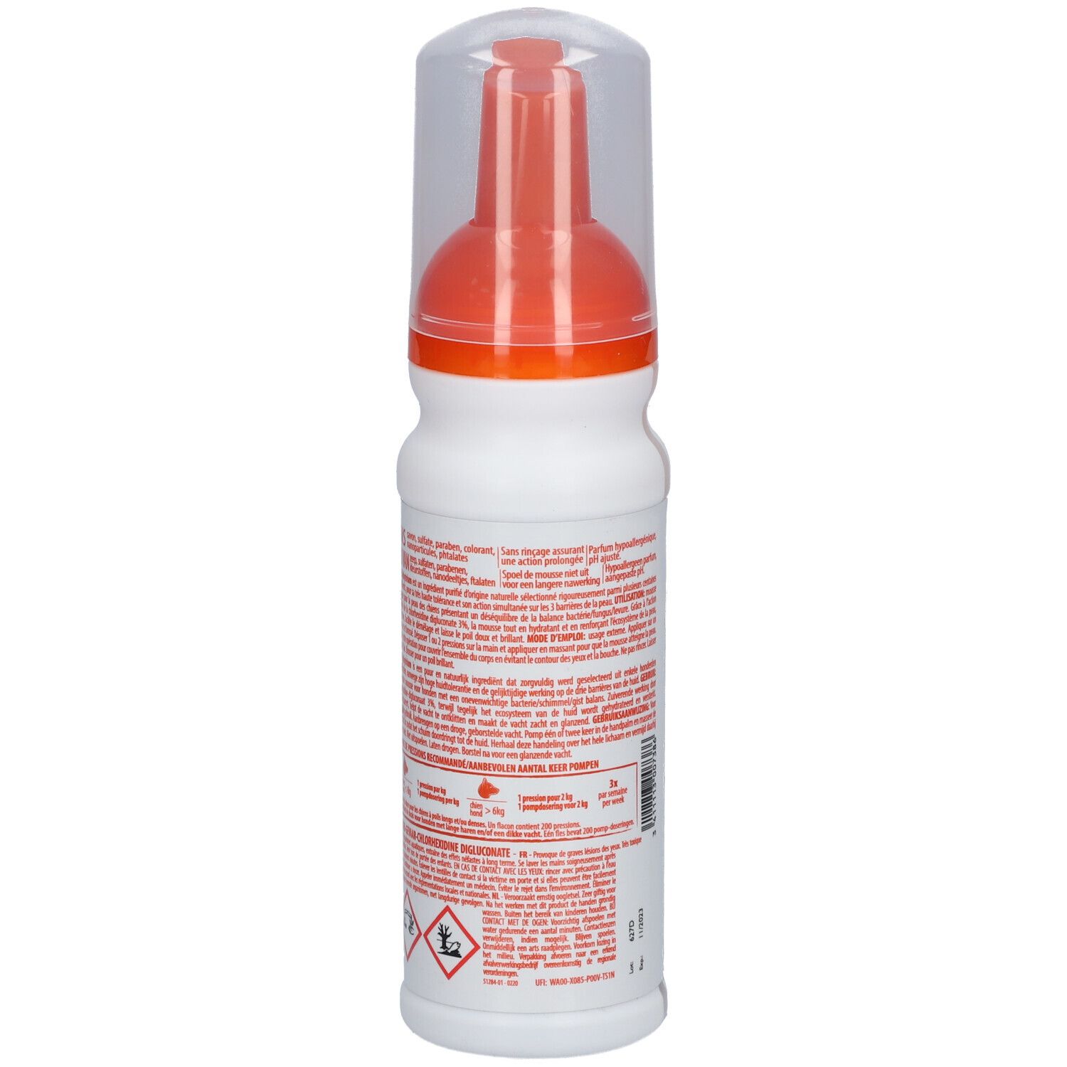 Flacon blanc avec pompe orange. Bouchon de protection transparent. Texte sur le flacon.