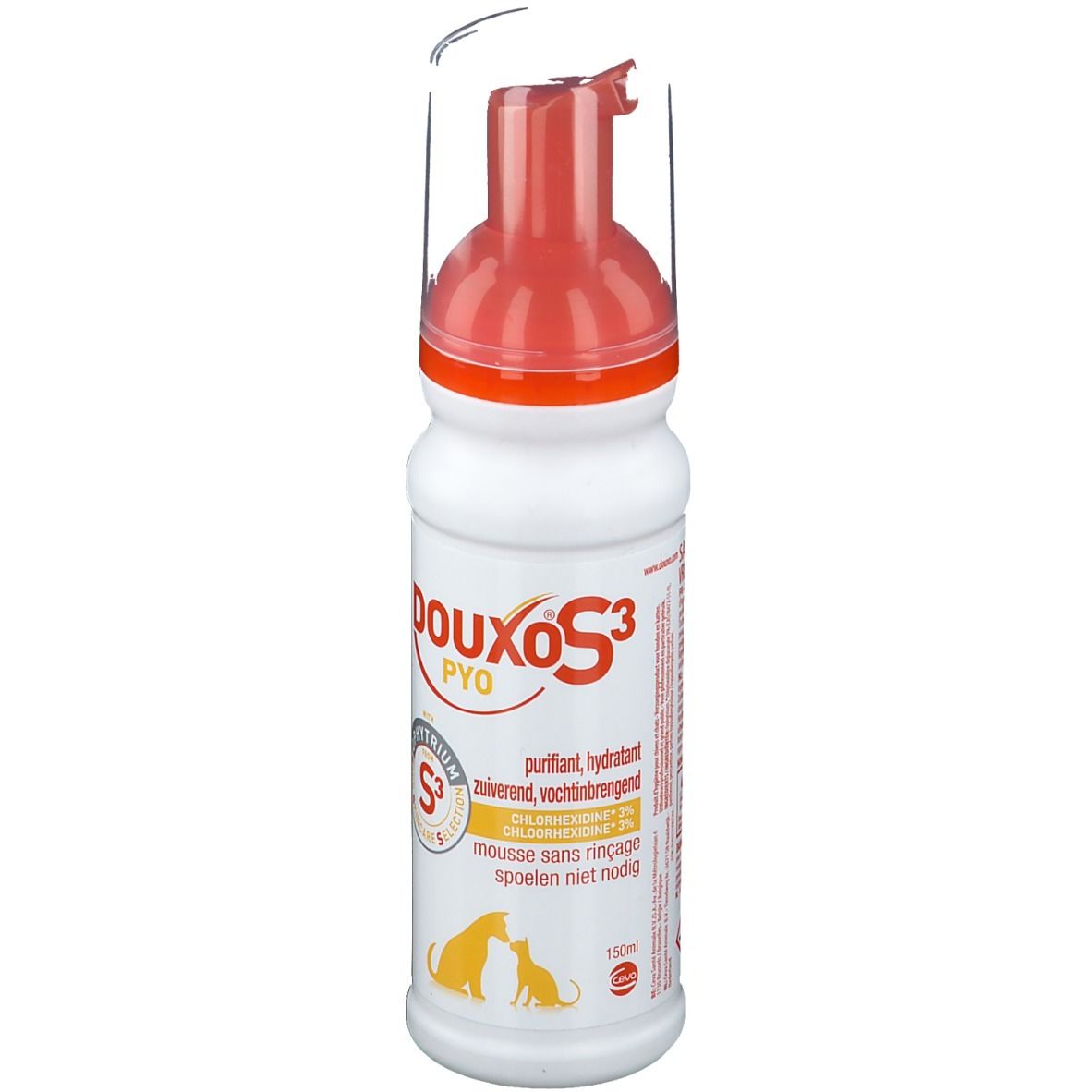 Flacon blanc avec pompe orange. Inscription Douxo S3 Pyo. Bouchon transparent. Logo.