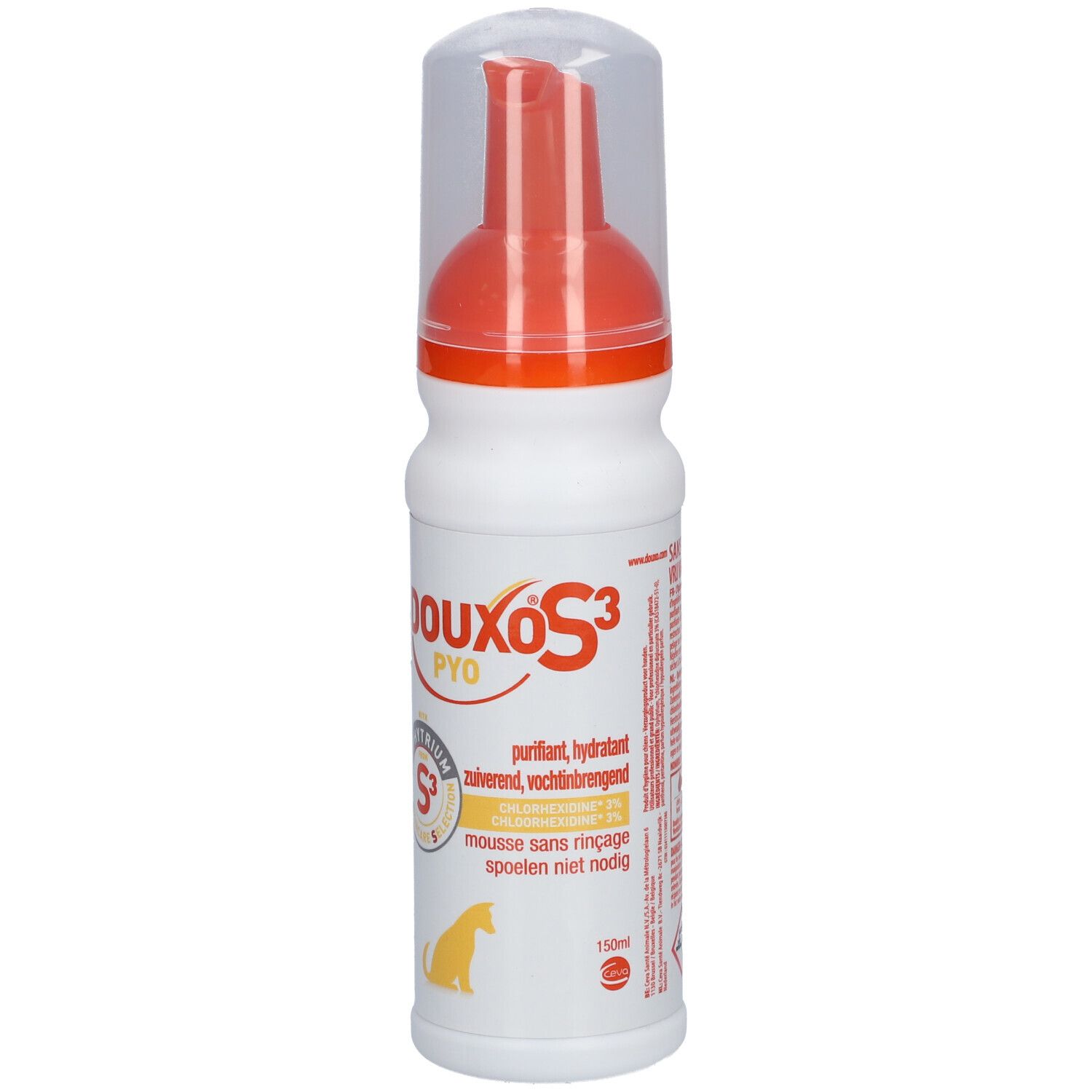 Flacon blanc avec pompe orange. Inscription Douxo S3 Pyo. Bouchon transparent. Logo.