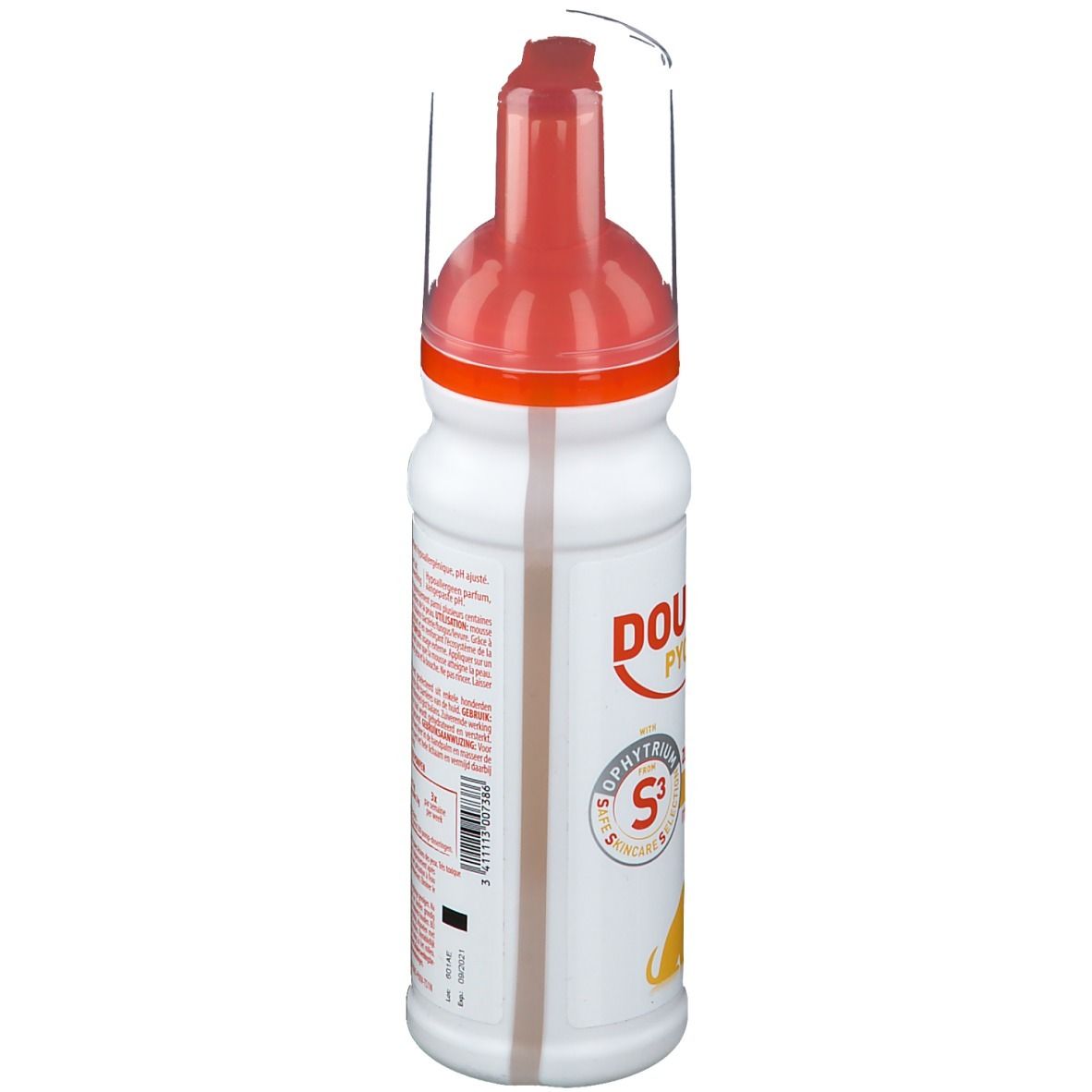 Flacon blanc avec pompe orange. Inscription Douxo S3 Pyo. Bouchon transparent.