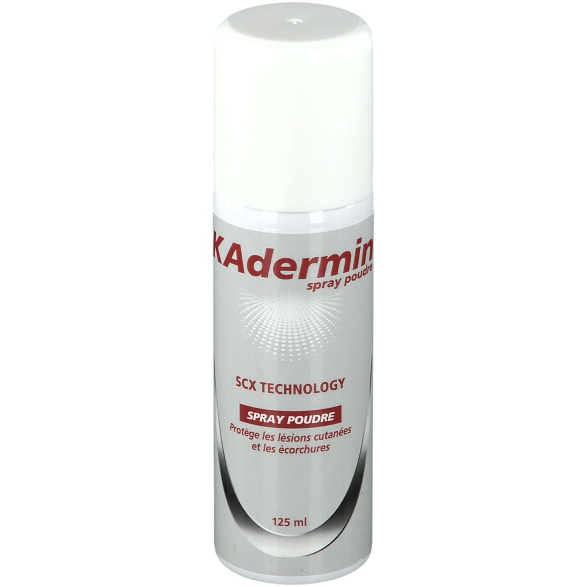 Kadermin Spray Poudre. Flacon argenté avec bouchon blanc. Texte: SCX TECHNOLOGY, Spray Poudre, 125 ml.